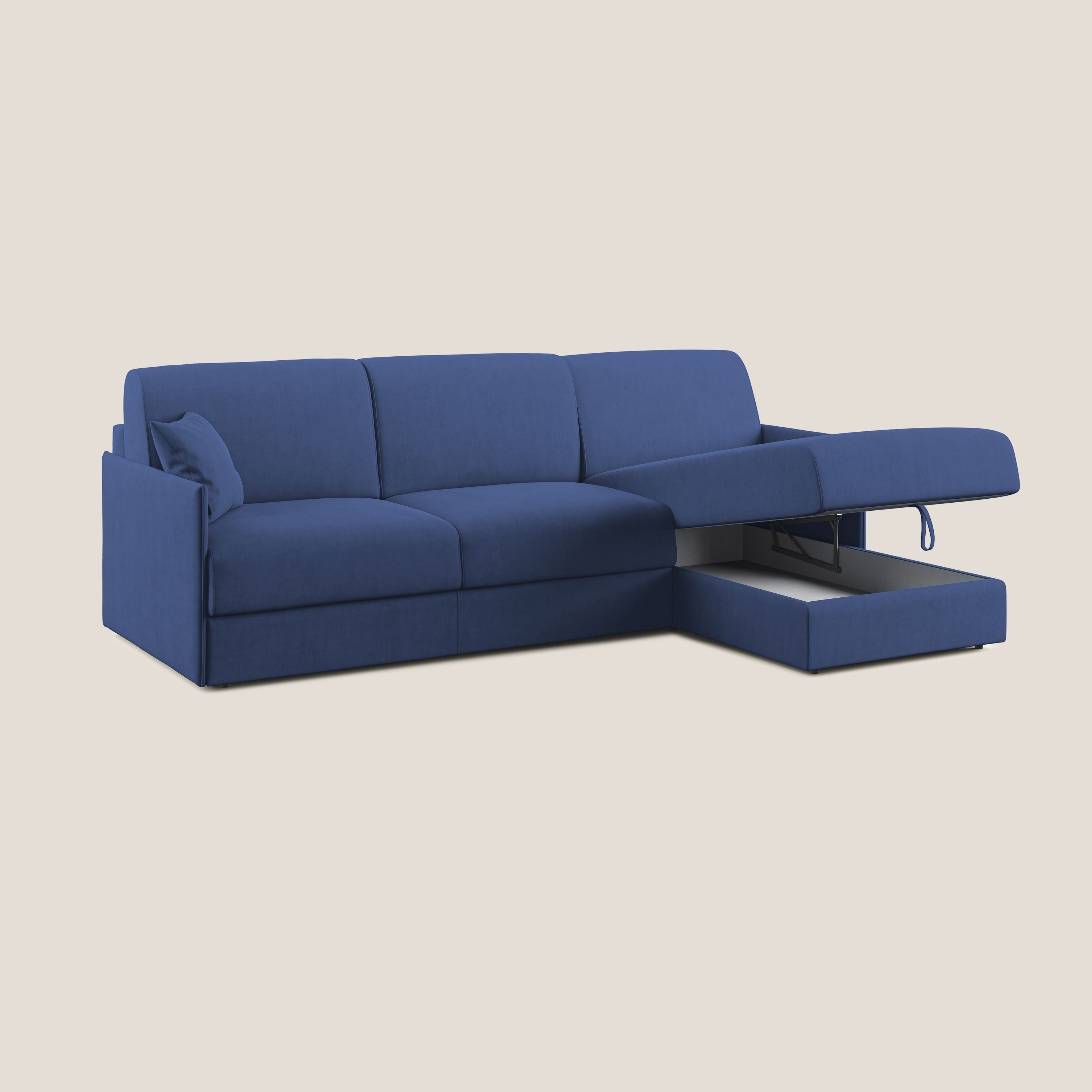 Evans Divano letto angolare con penisola in morbido tessuto impermeabile T02 blu - divani.store