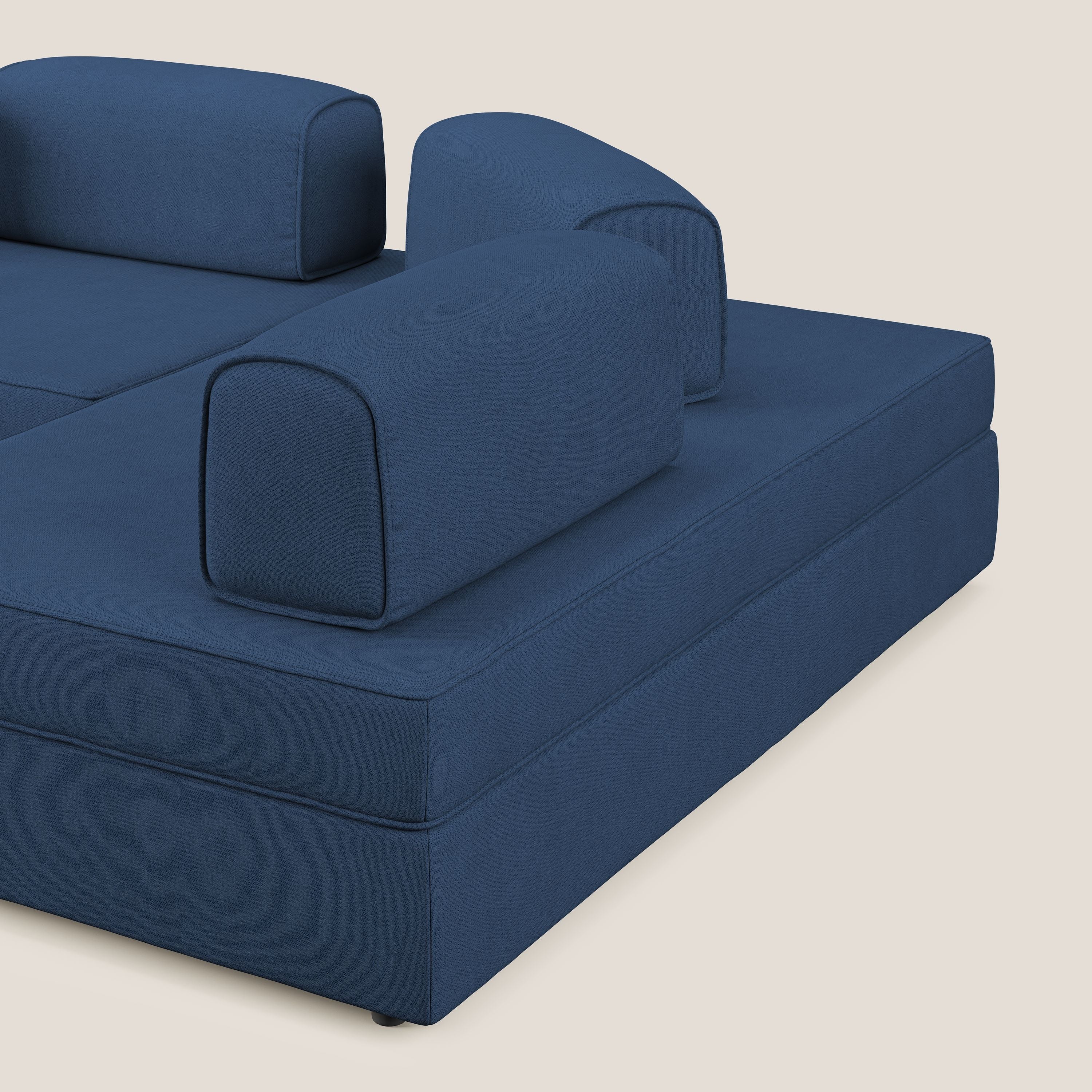 Liberty divano angolare con pouf estraibile e schienali movibili in tessuto morbido impermeabile T02 blu - divani.store