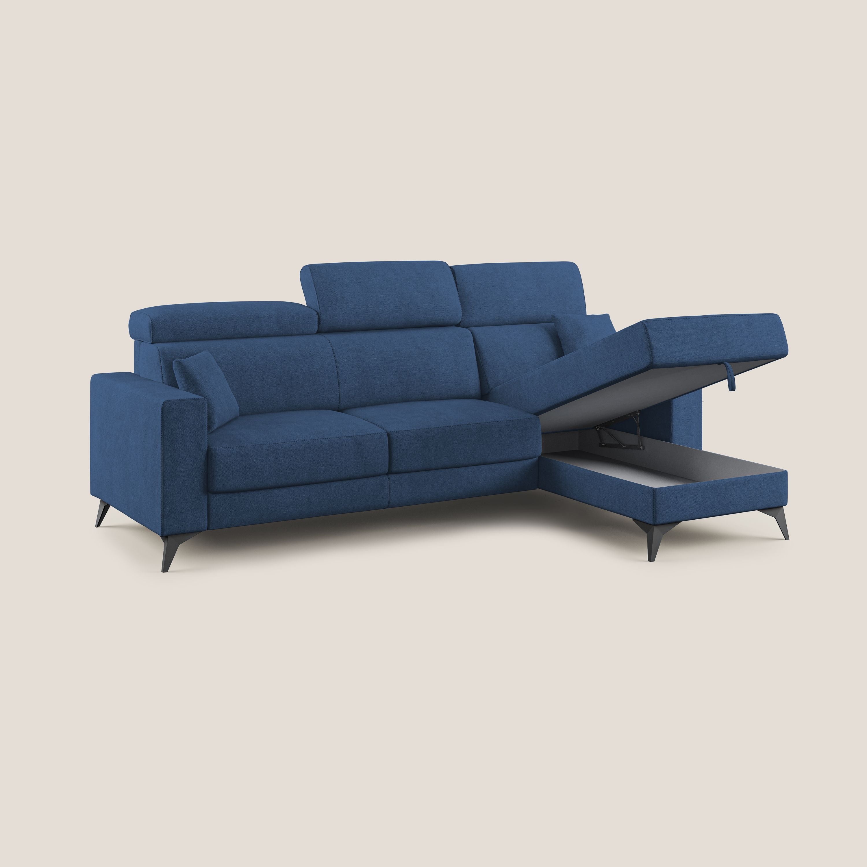 Pegaso divano letto angolare con poggiatesta reclinabili e rivestimento impermeabile T02 blu - divani.store