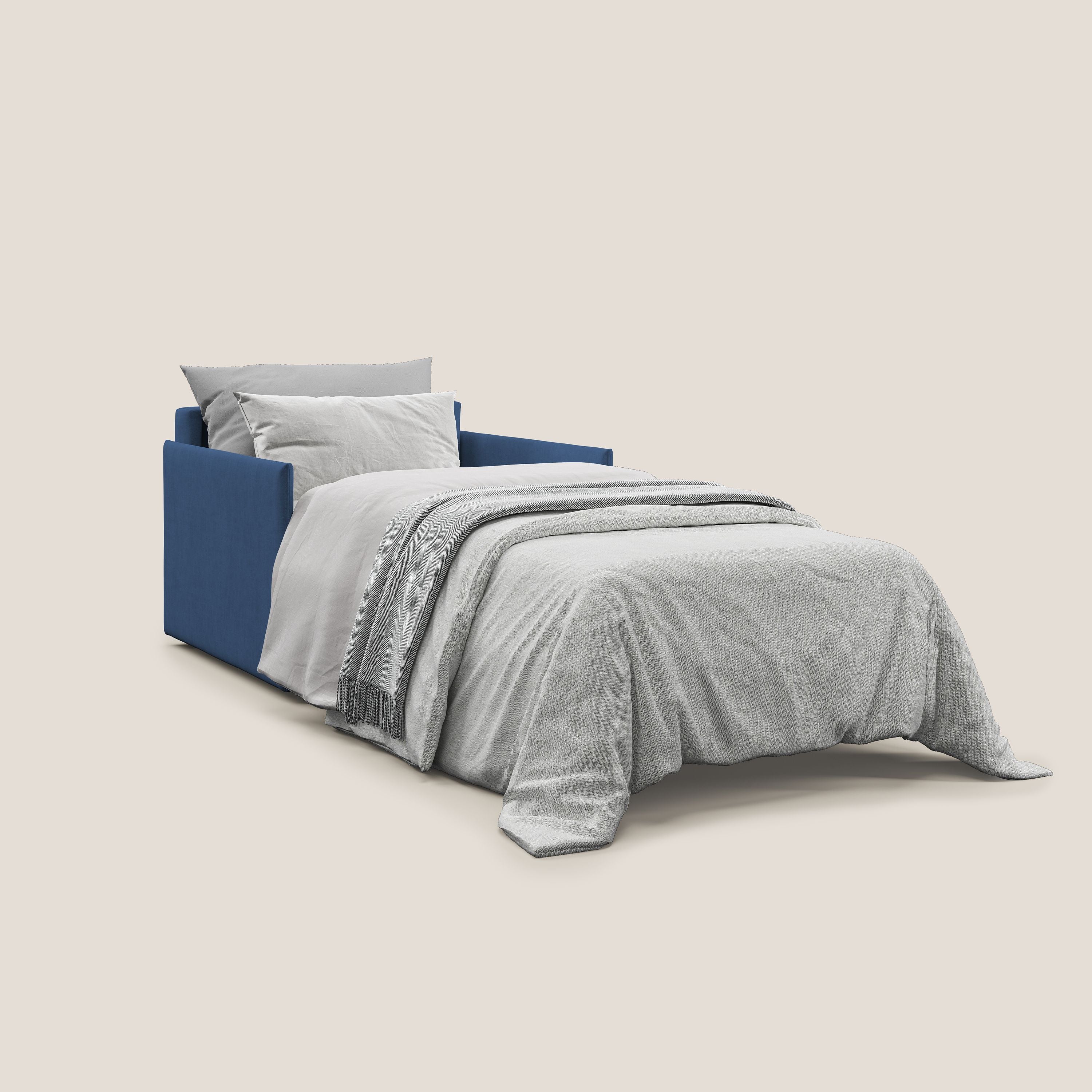Evans poltrona letto in morbido tessuto impermeabile T02 blu - divani.store