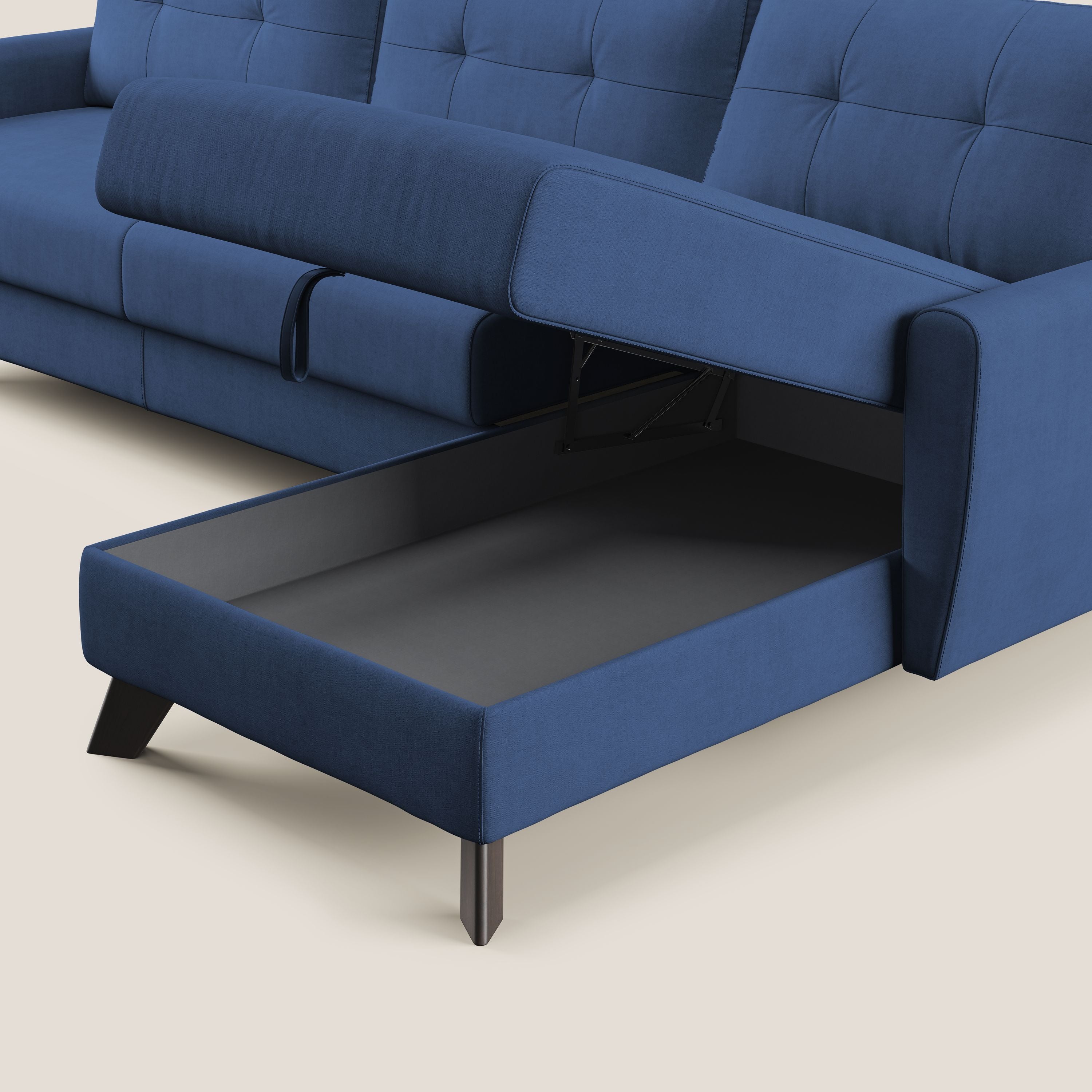 Callisto Divano letto angolare con penisola in tessuto morbido impermeabile T02 blu - divani.store