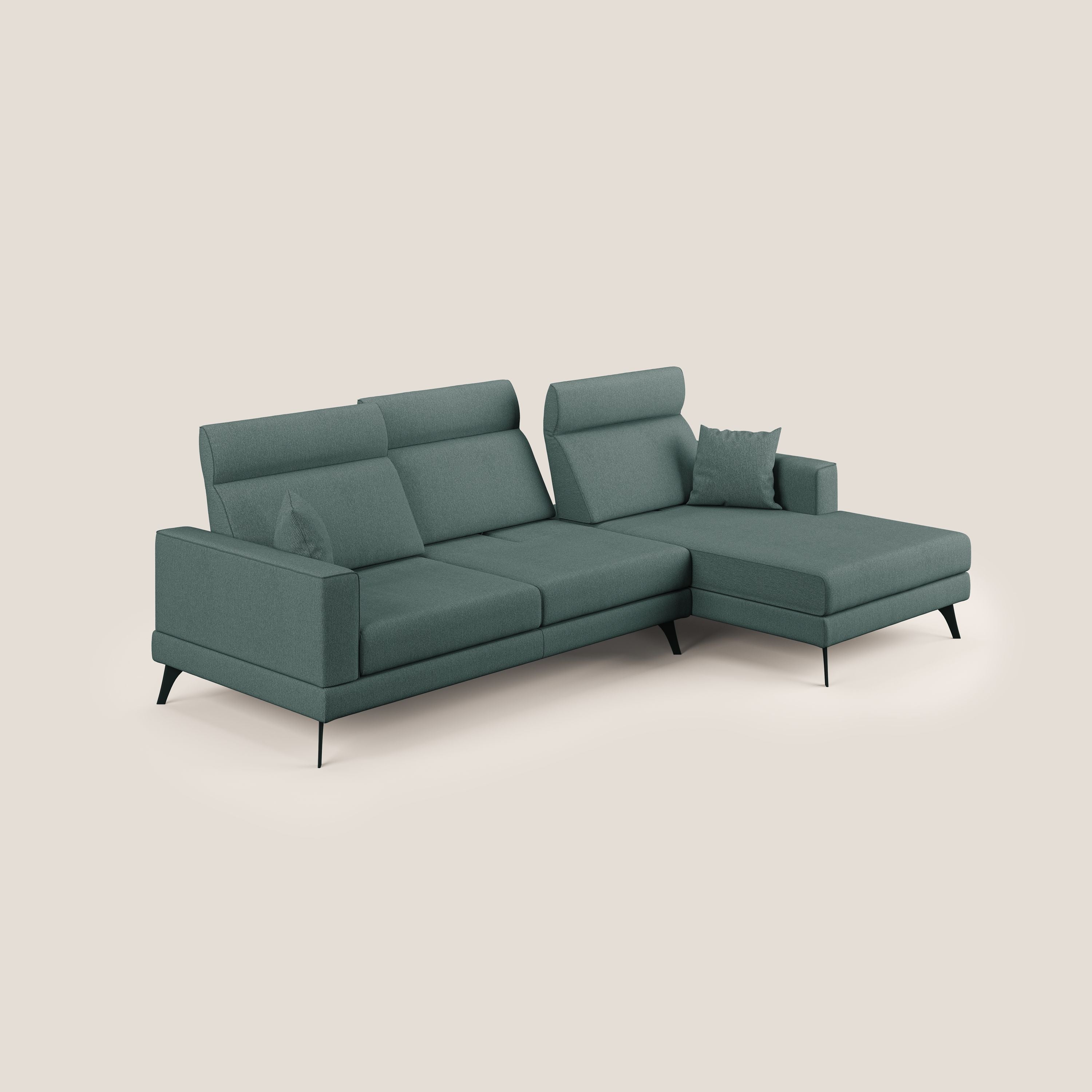 Slide Divano angolare con schienali traslanti e poggiatesta regolabili in tessuto smacchiabile T05 verde - divani.store