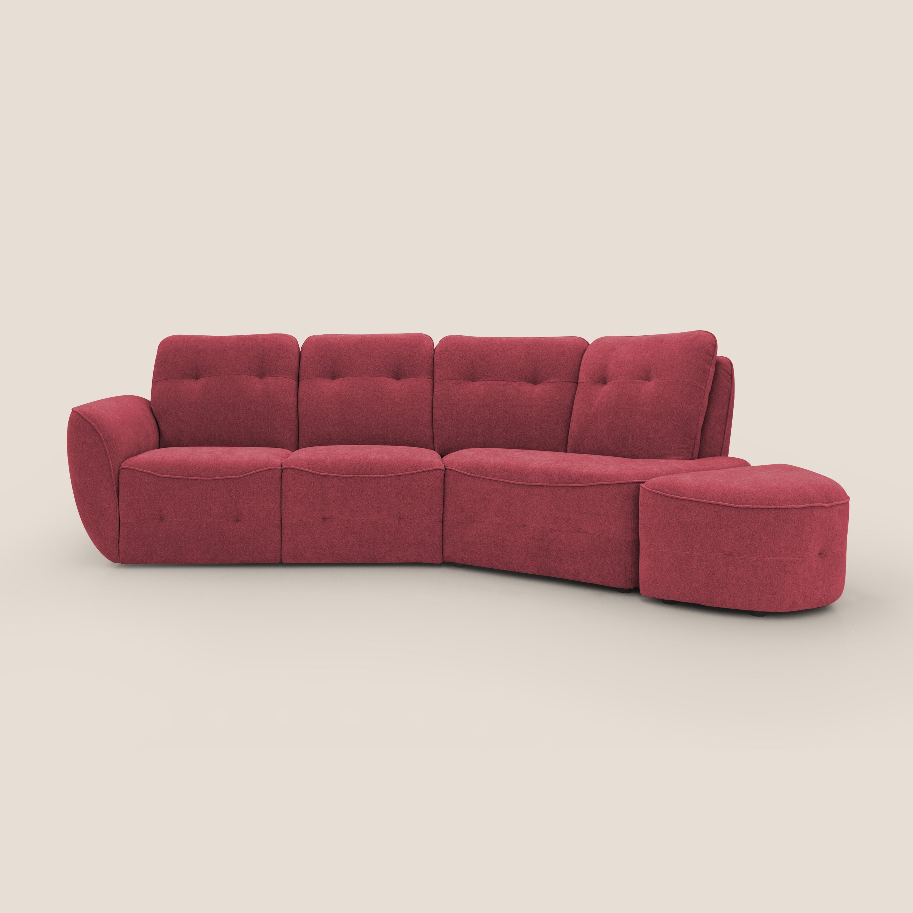 Cerbero divano angolare con pouf mobile in morbido bouclé impermeabile T07 rosso - divani.store