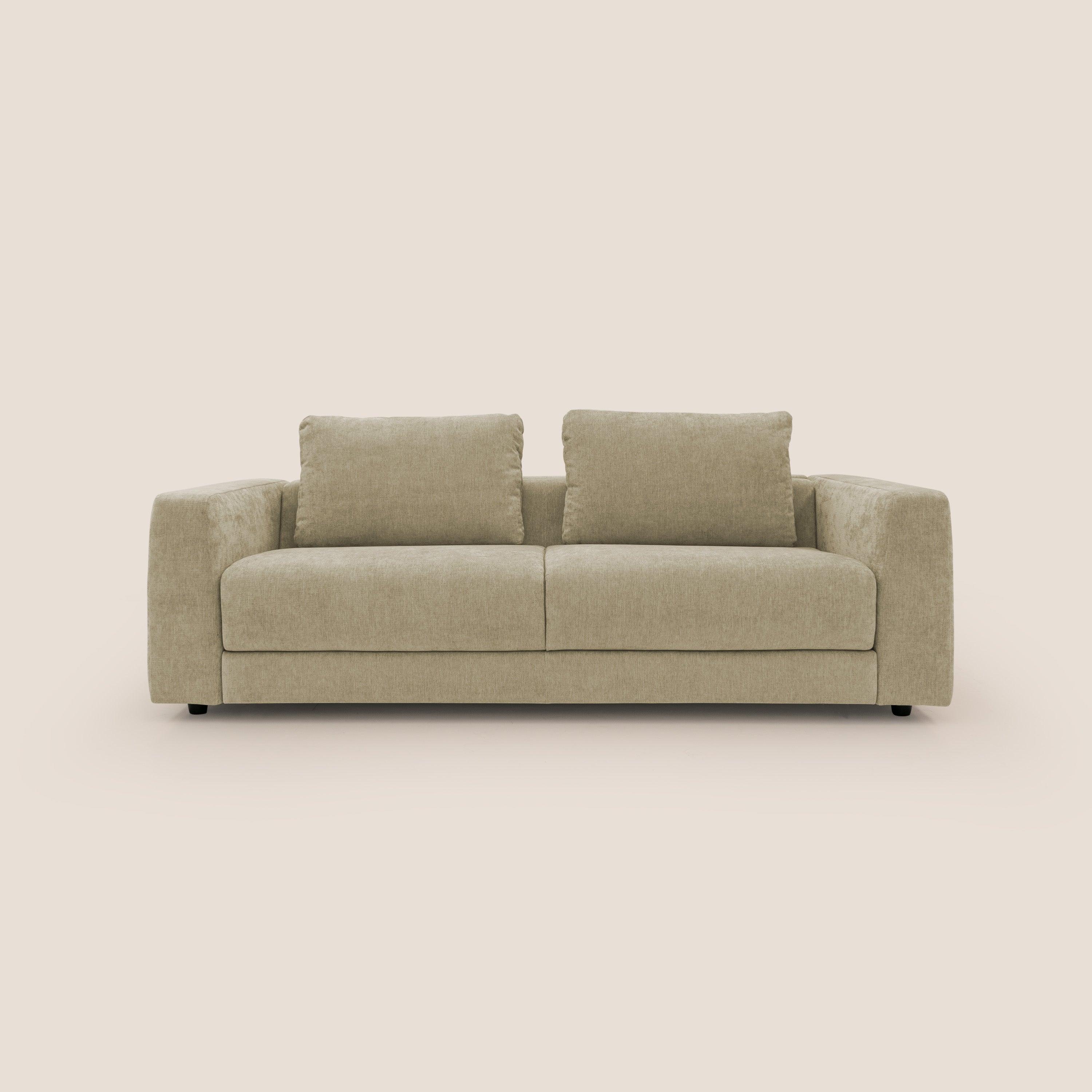 Freia Divano letto minimal materasso h15 cm con morbidi schienali in tessuto impermeabile T14 beige - divani.store