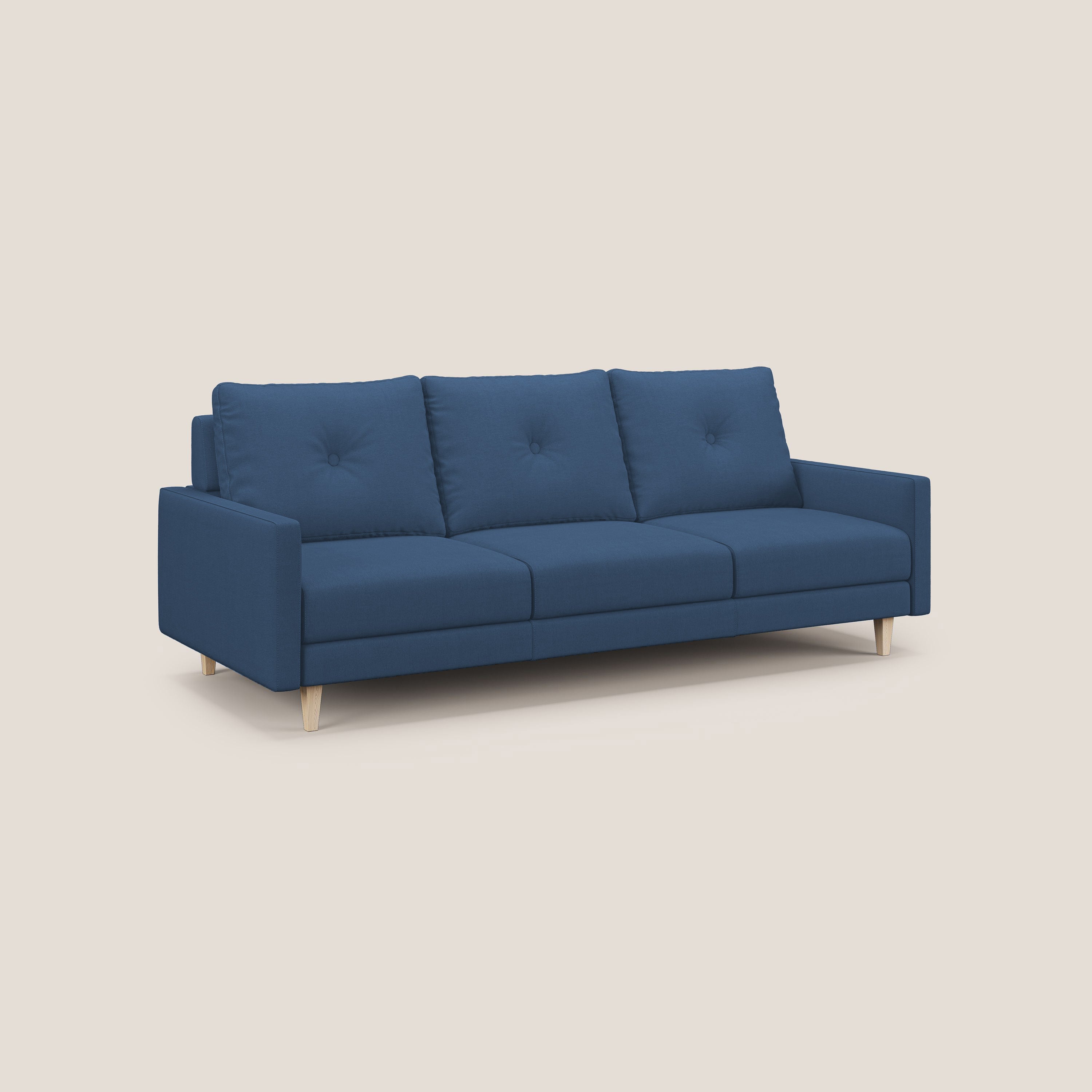 Matisse divano a 3 sedute allungabili e schienali in piuma d'oca in tessuto smacchiabile T17 blu - divani.store