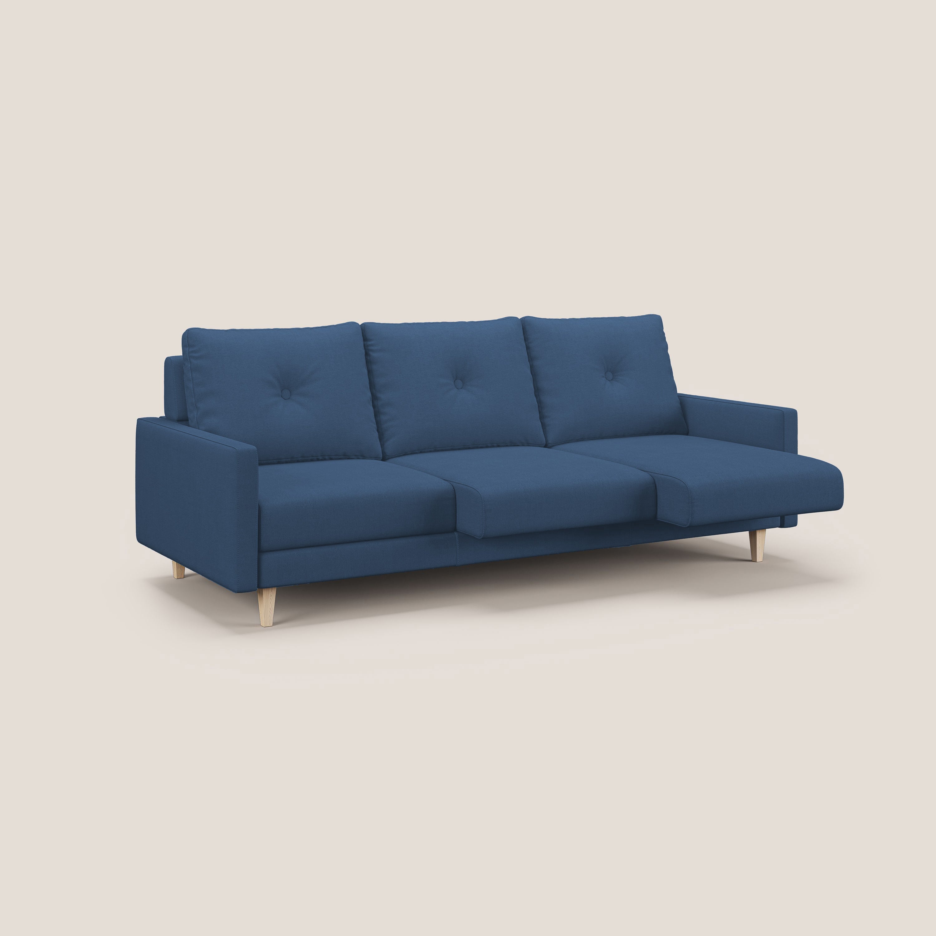 Matisse divano a 3 sedute allungabili e schienali in piuma d'oca in tessuto smacchiabile T17 blu - divani.store