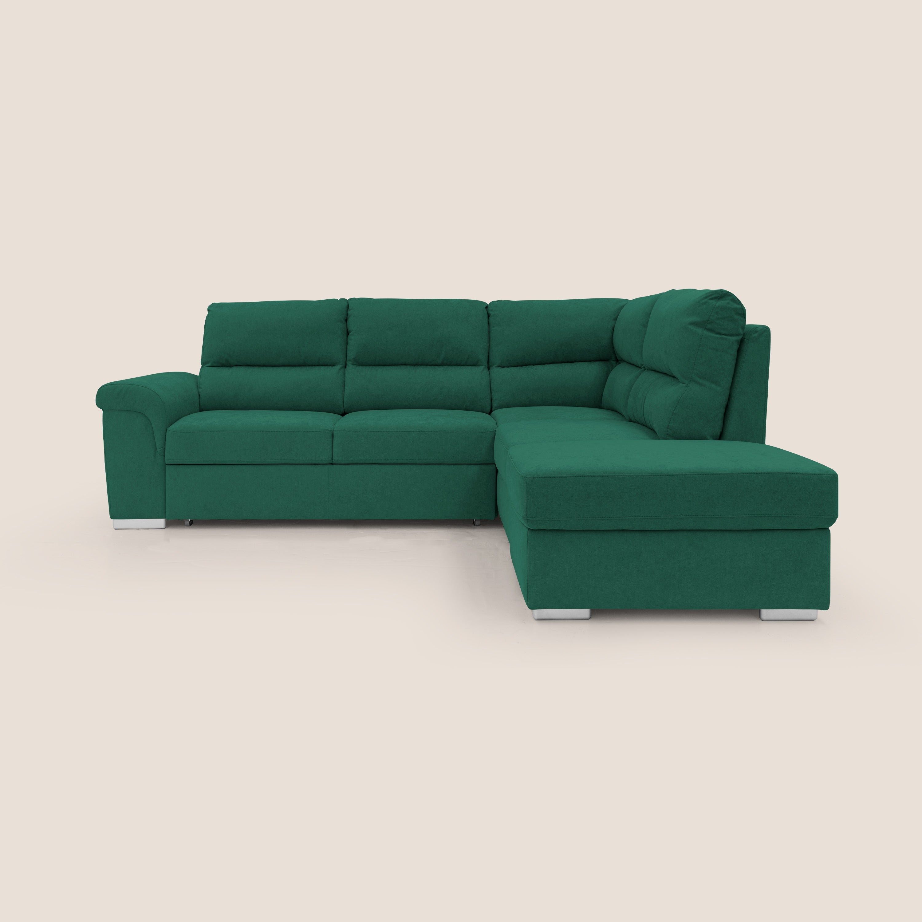 Minerva divano angolare con estraibile a cassettone e pouf contenitore in tessuto morbido impermeabile T02 verde - divani.store