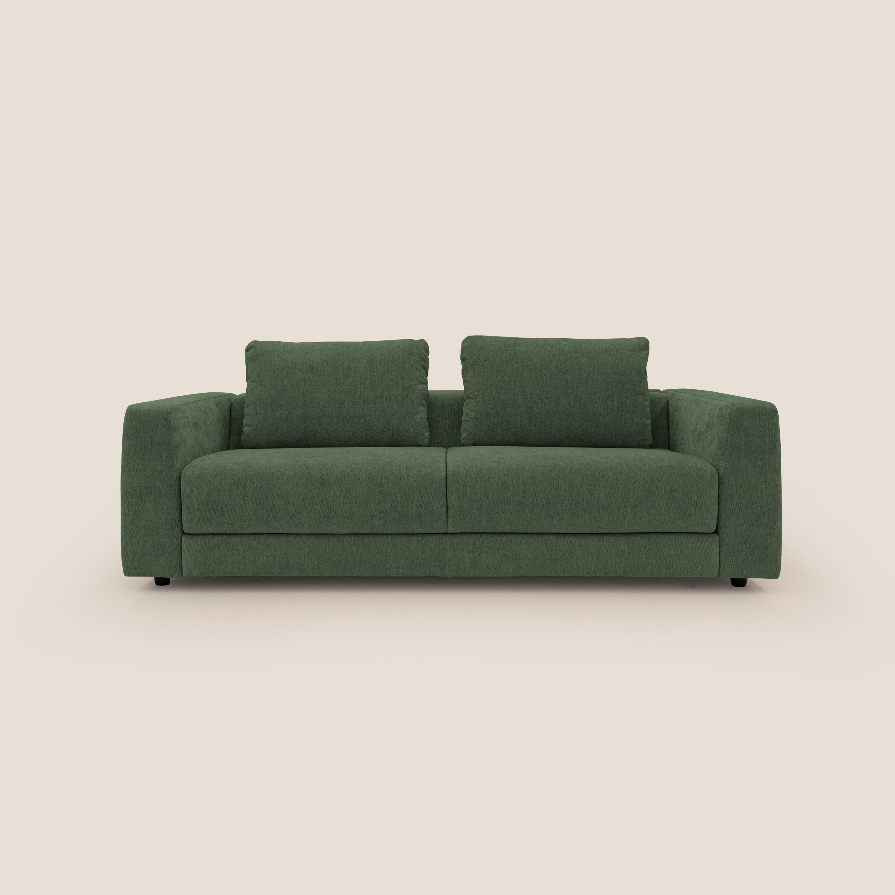Freia Divano letto minimal materasso h15 cm con morbidi schienali in tessuto impermeabile T14 verde - divani.store