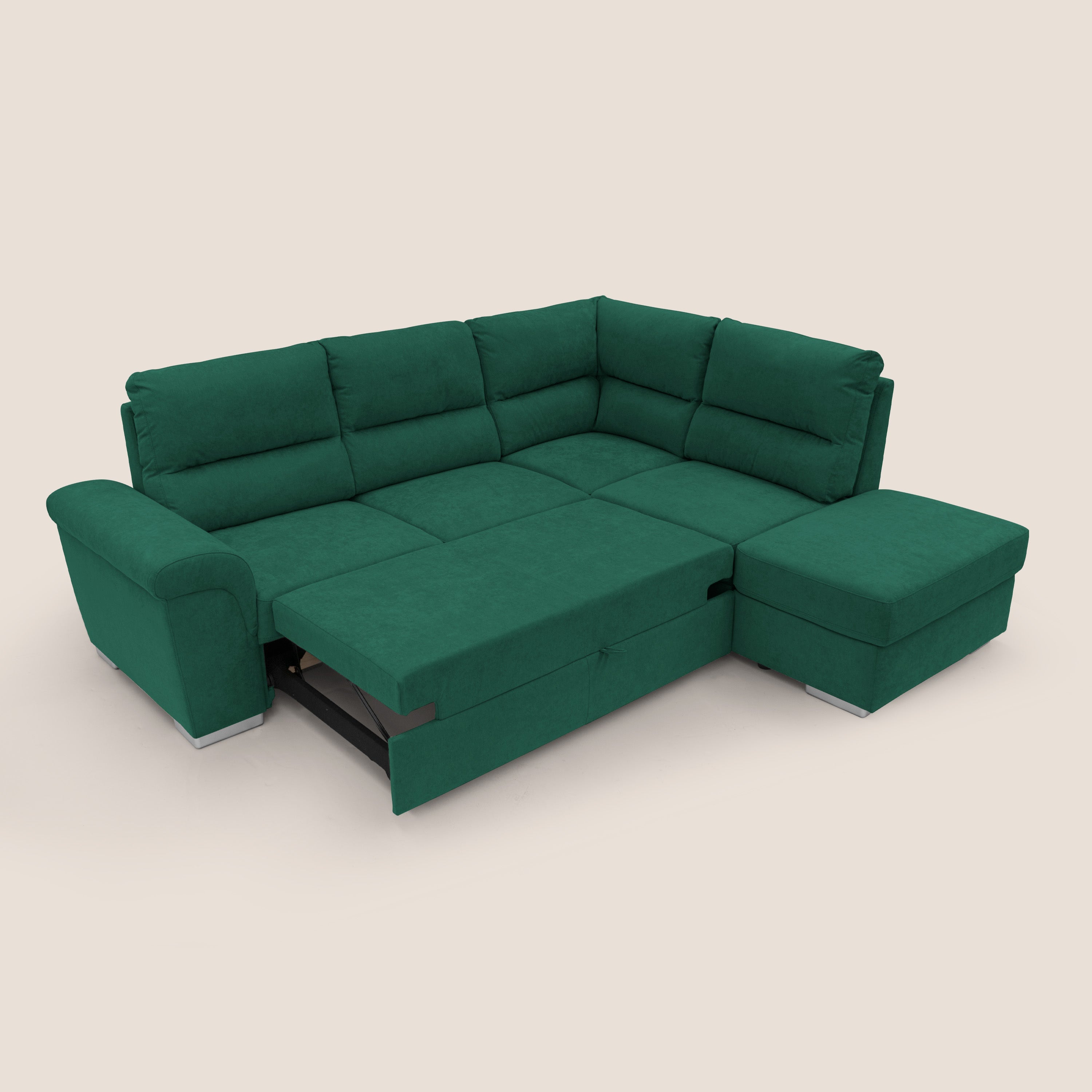 Minerva divano angolare con estraibile a cassettone e pouf contenitore in tessuto morbido impermeabile T02 verde - divani.store