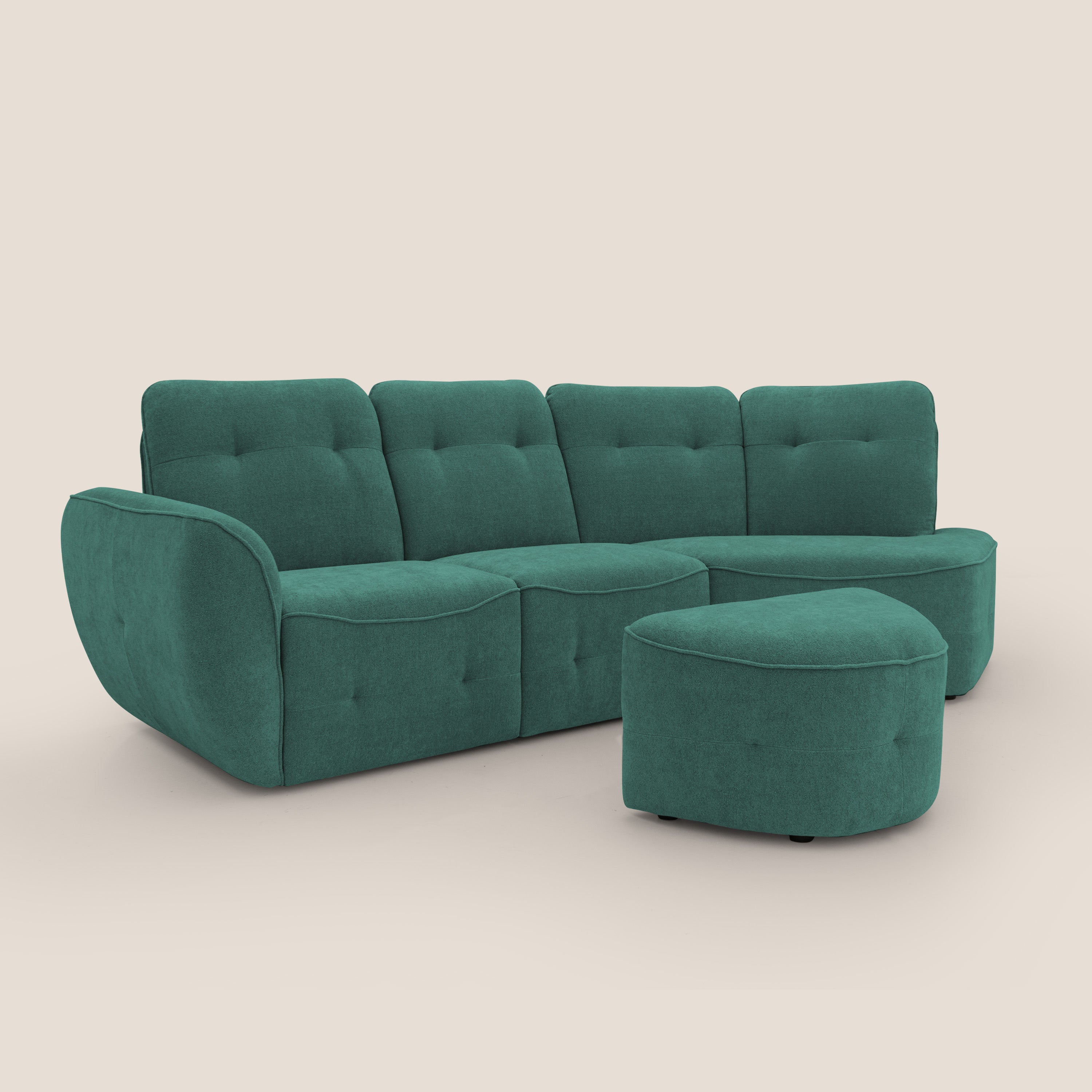 Cerbero divano angolare con pouf mobile in morbido bouclé impermeabile T07 verde - divani.store