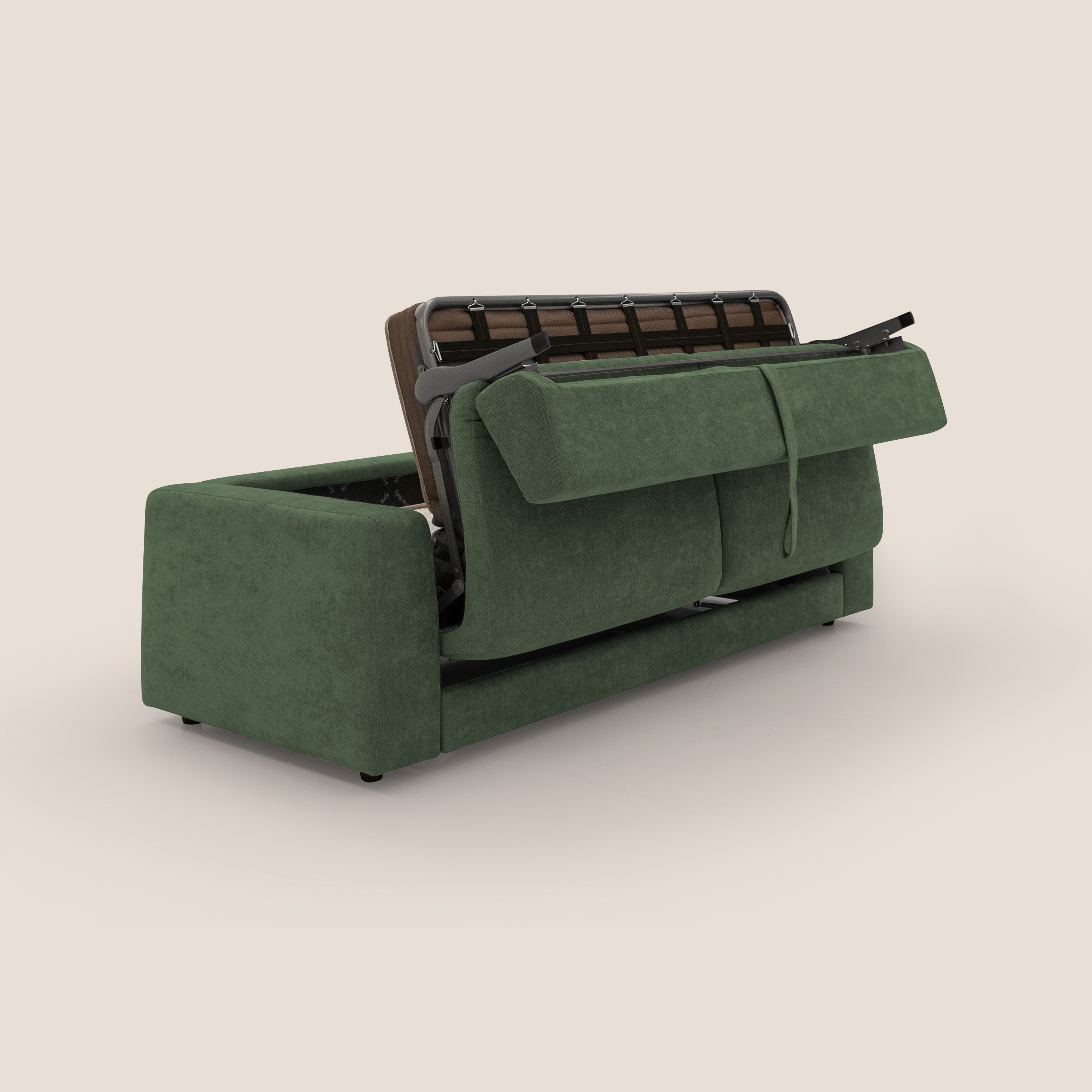 Freia Divano letto minimal materasso h15 cm con morbidi schienali in tessuto impermeabile T14 verde - divani.store