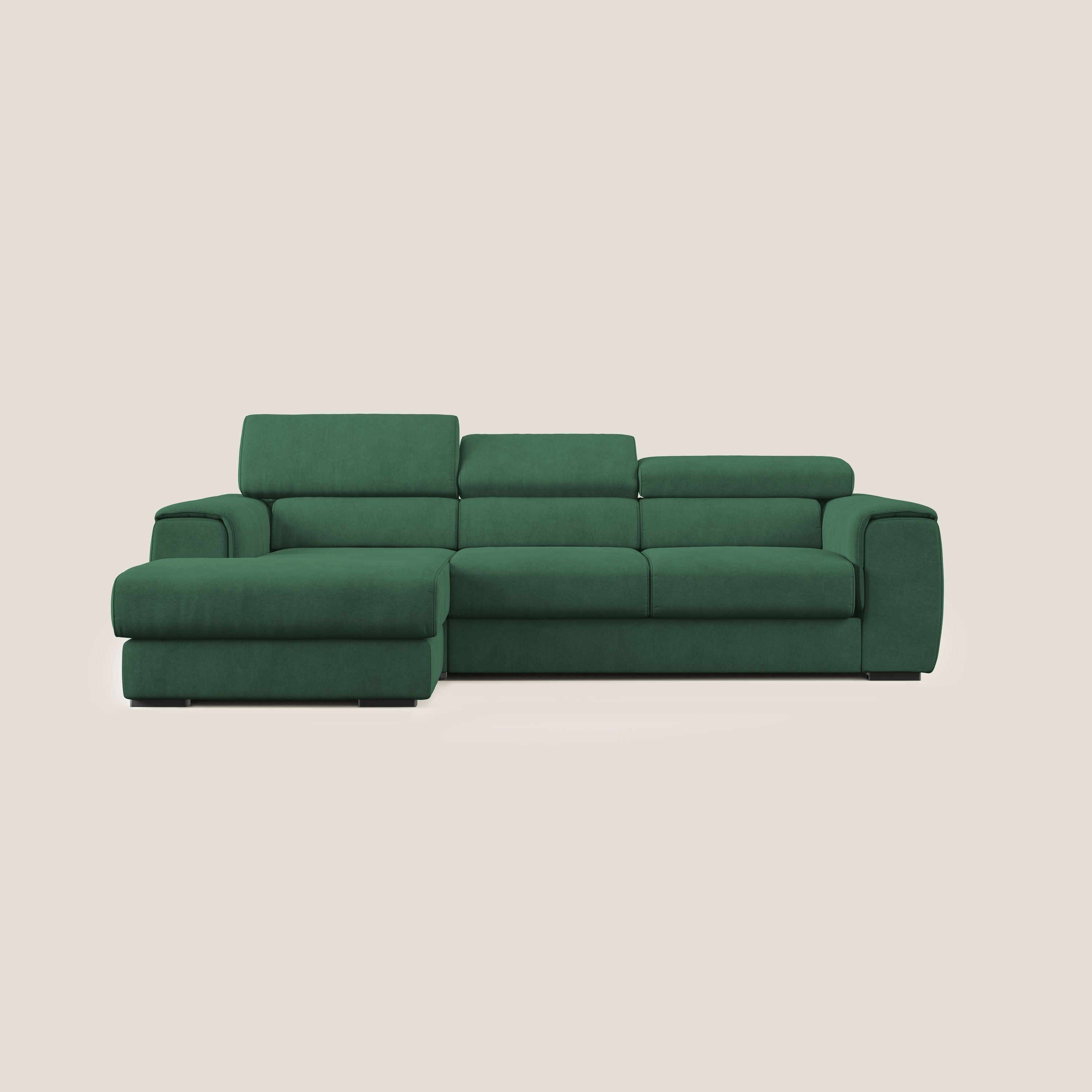 Zeno Divano angolare con pouf estraibile poggiapiedi in tessuto morbido impermeabile T02 verde - divani.store
