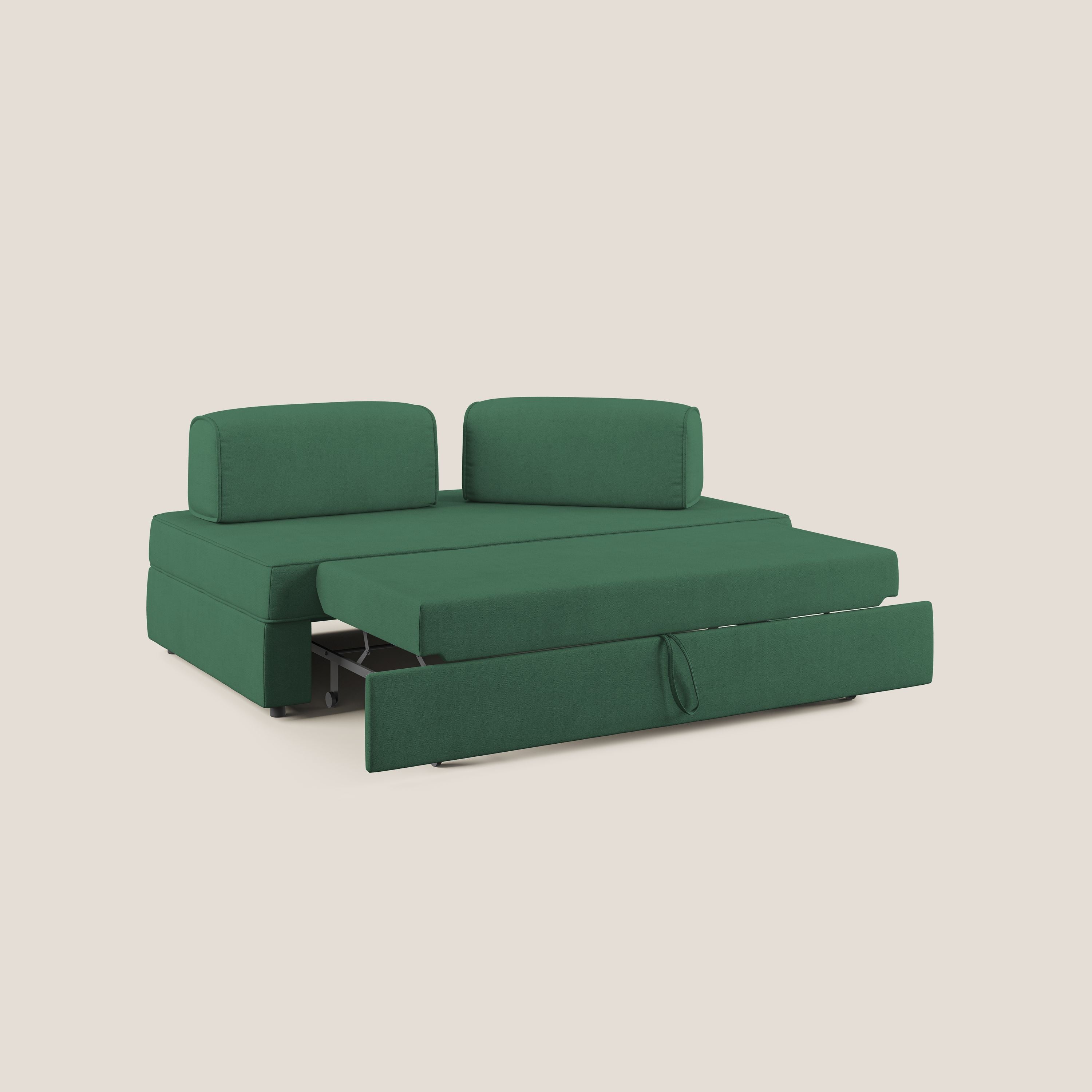 Liberty divano con pouf estraibile e schienali movibili in tessuto morbido impermeabile T02 verde - divani.store