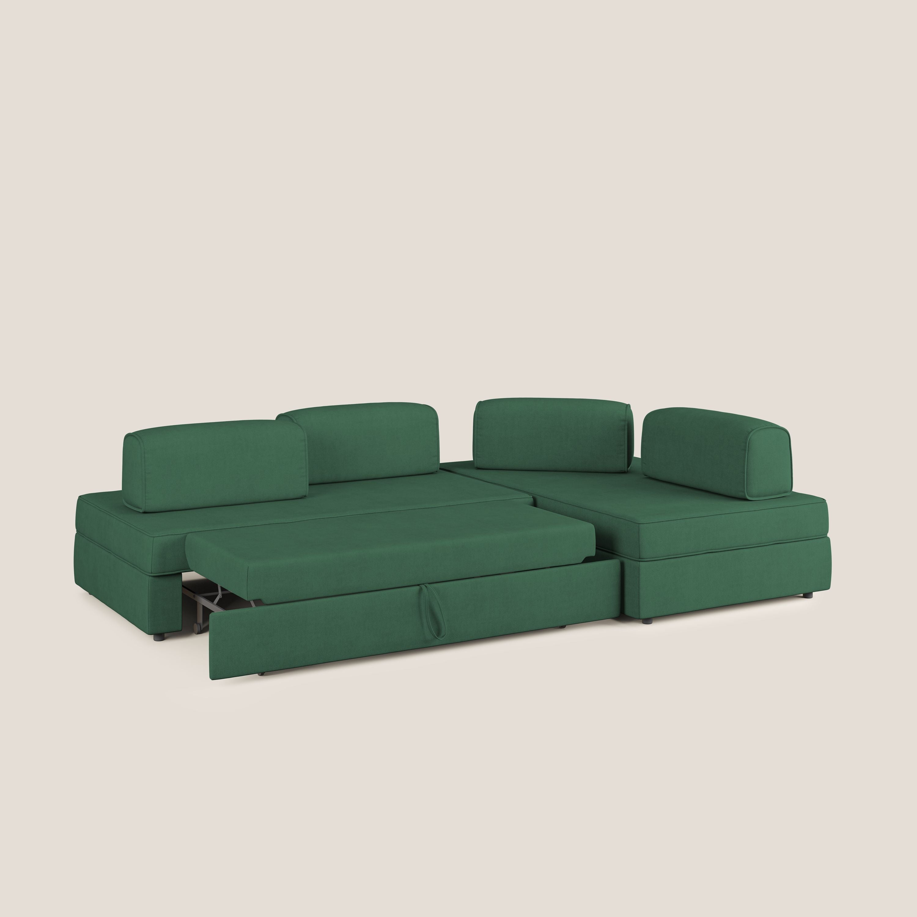 Liberty divano angolare con pouf estraibile e schienali movibili in tessuto morbido impermeabile T02 verde - divani.store
