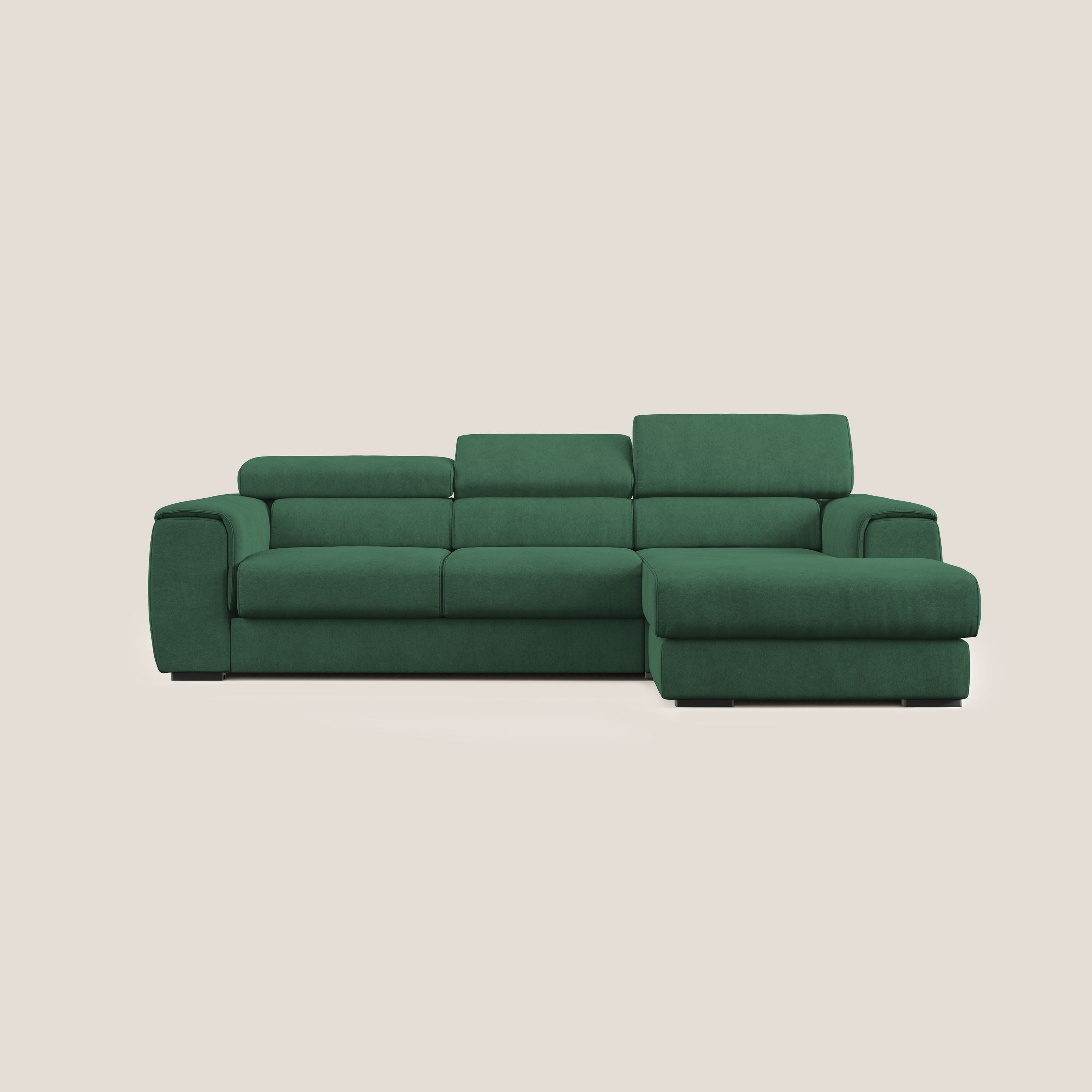 Zeno Divano angolare con pouf estraibile poggiapiedi in tessuto morbido impermeabile T02 verde - divani.store