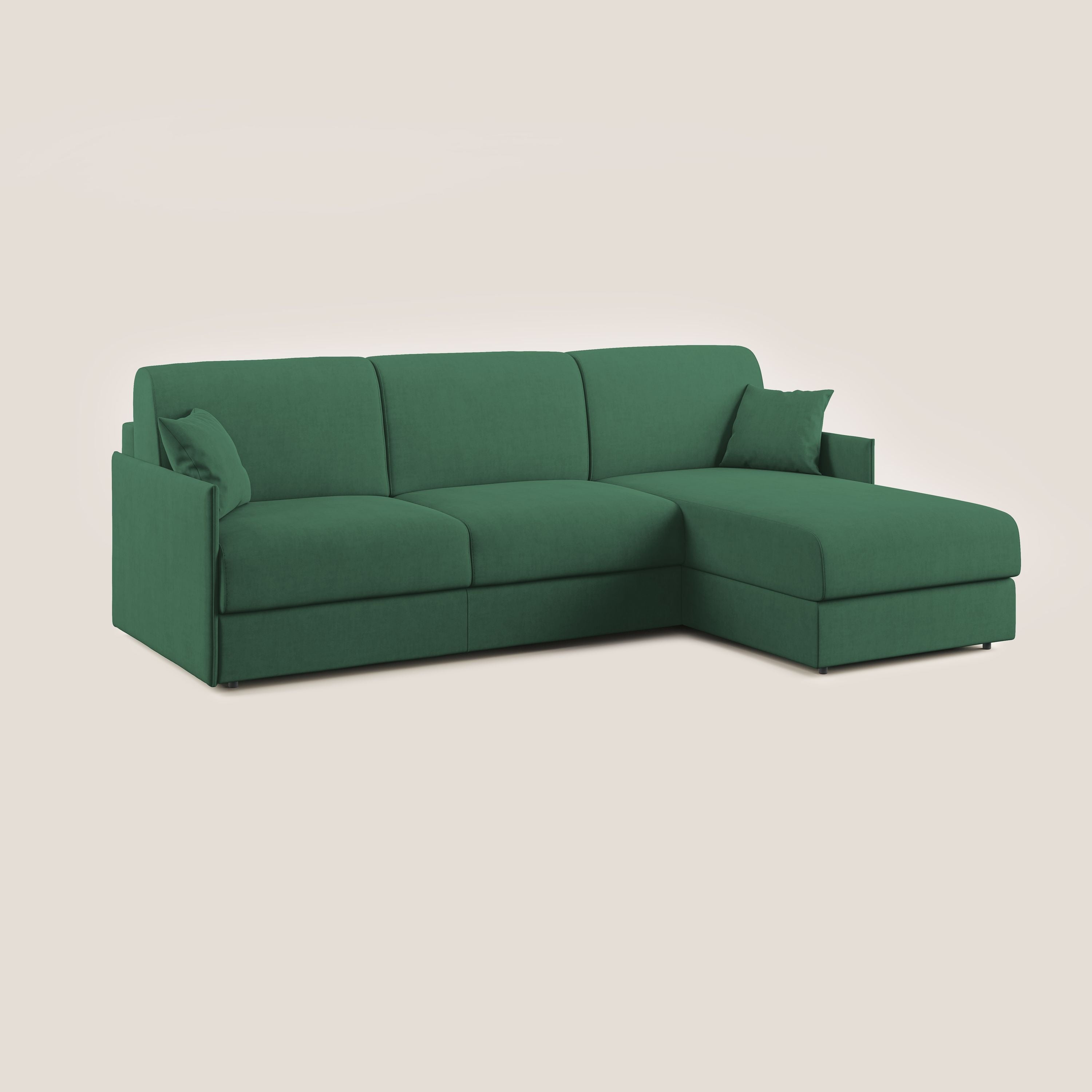 Evans Divano letto angolare con penisola in morbido tessuto impermeabile T02 verde - divani.store