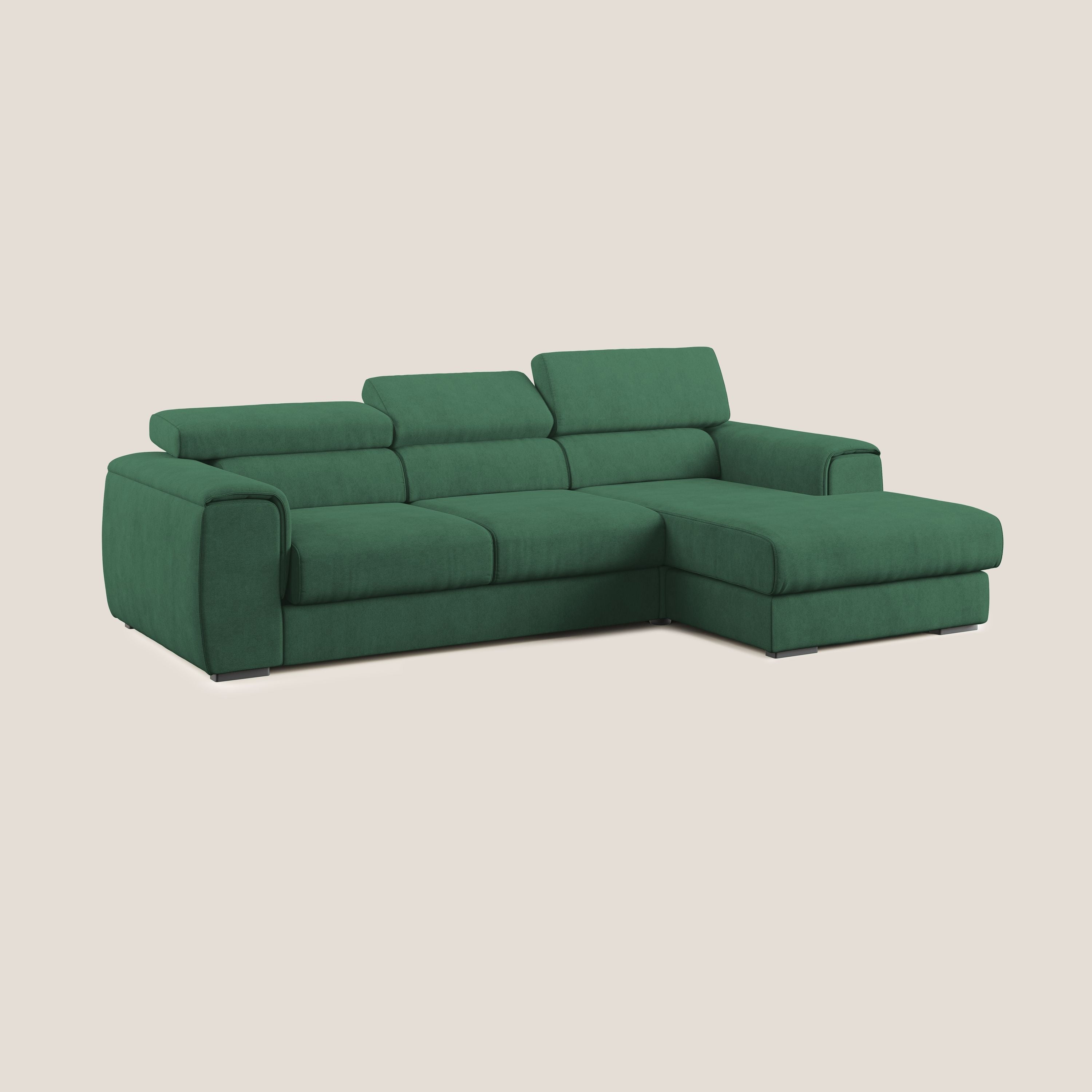 Zeno Divano angolare con pouf estraibile poggiapiedi in tessuto morbido impermeabile T02 verde - divani.store