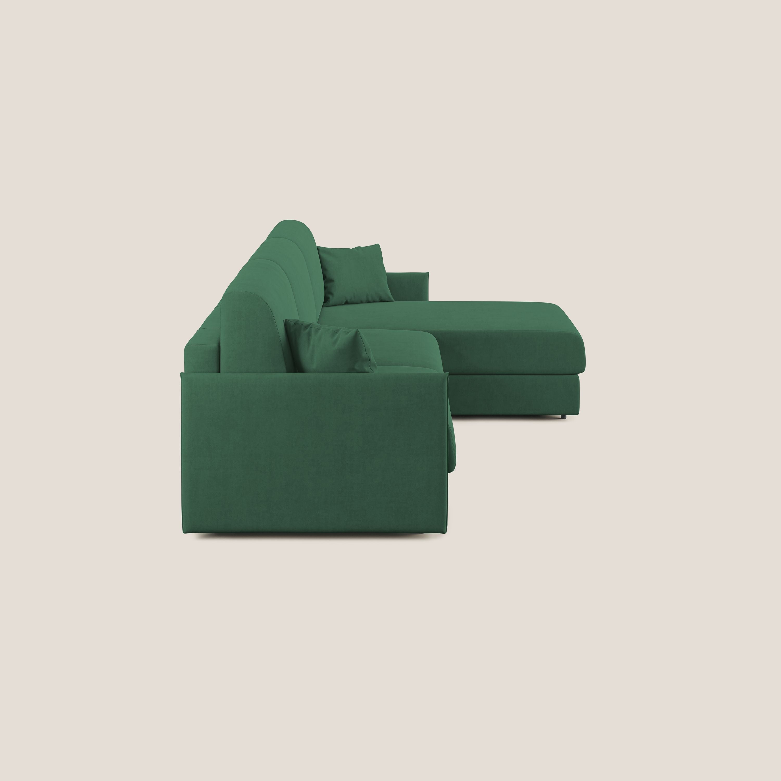 Evans Divano letto angolare con penisola in morbido tessuto impermeabile T02 verde - divani.store