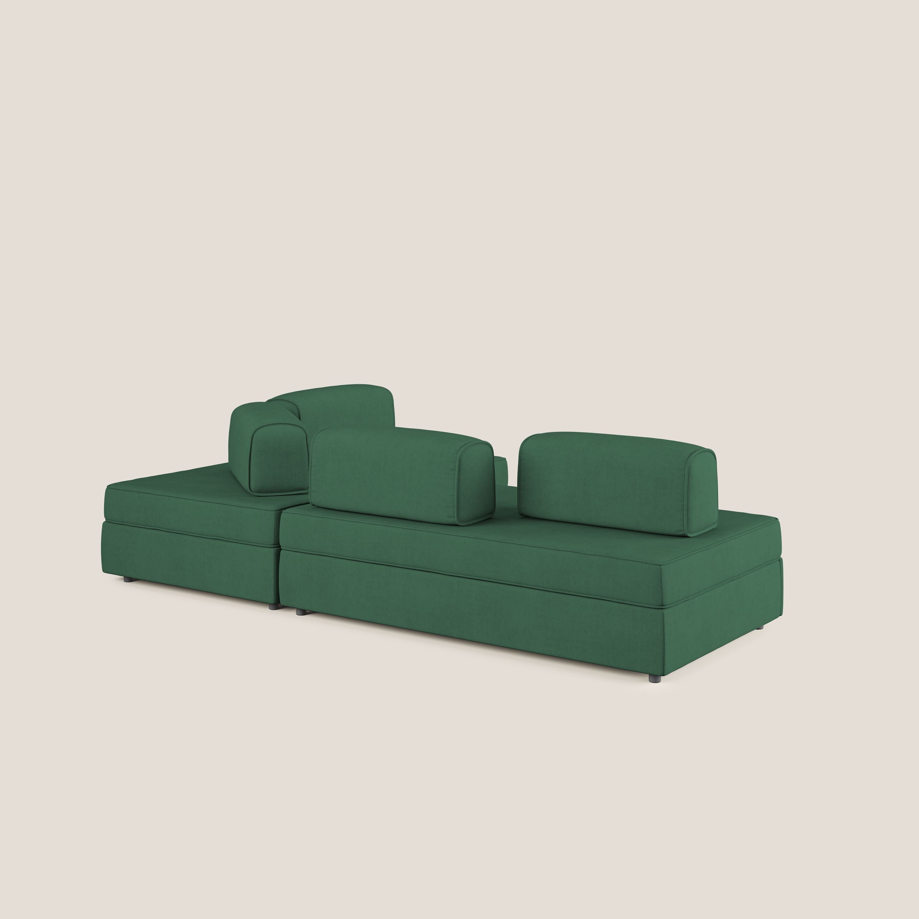 Liberty divano angolare con pouf estraibile e schienali movibili in tessuto morbido impermeabile T02 verde - divani.store