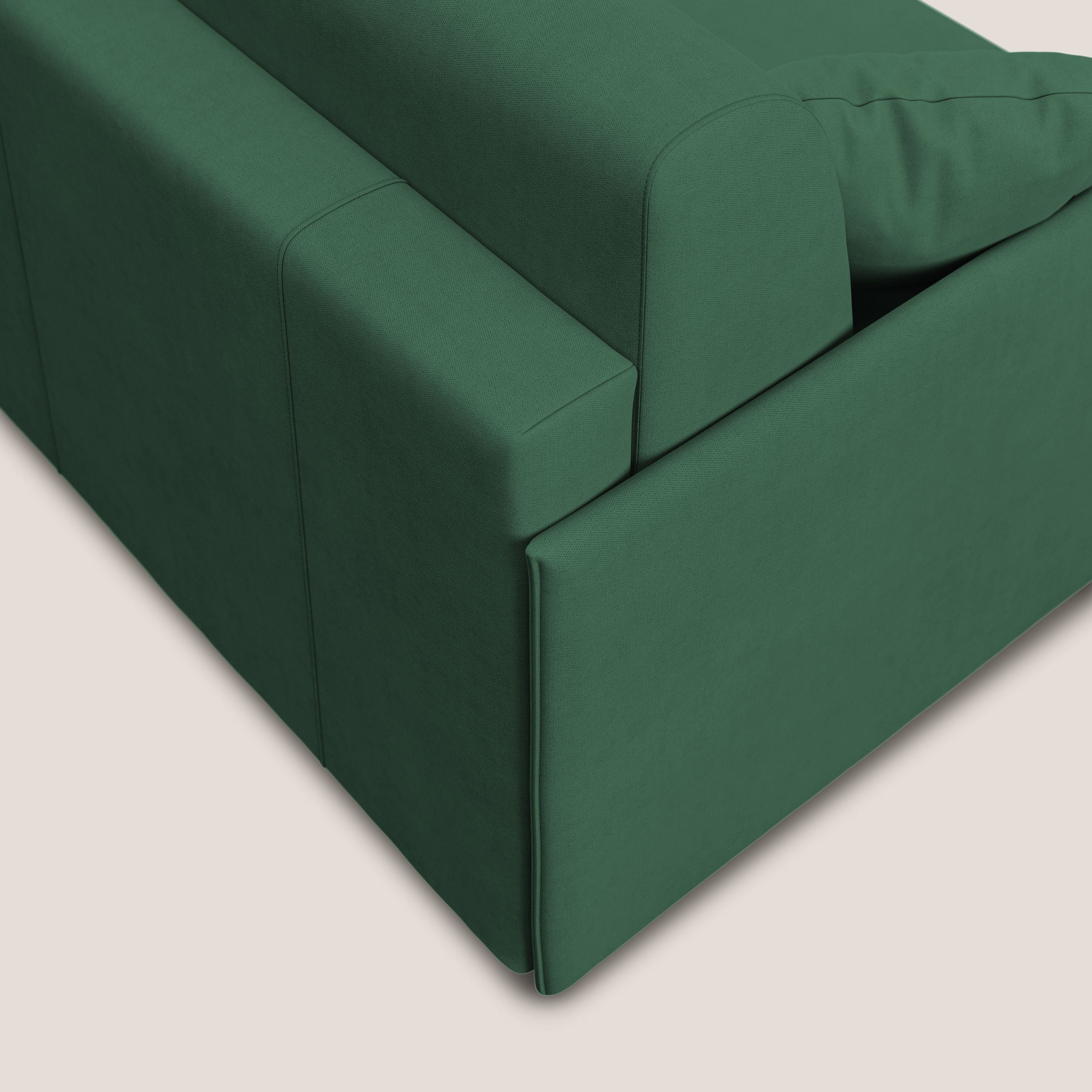 Evans Divano letto angolare con penisola in morbido tessuto impermeabile T02 verde - divani.store