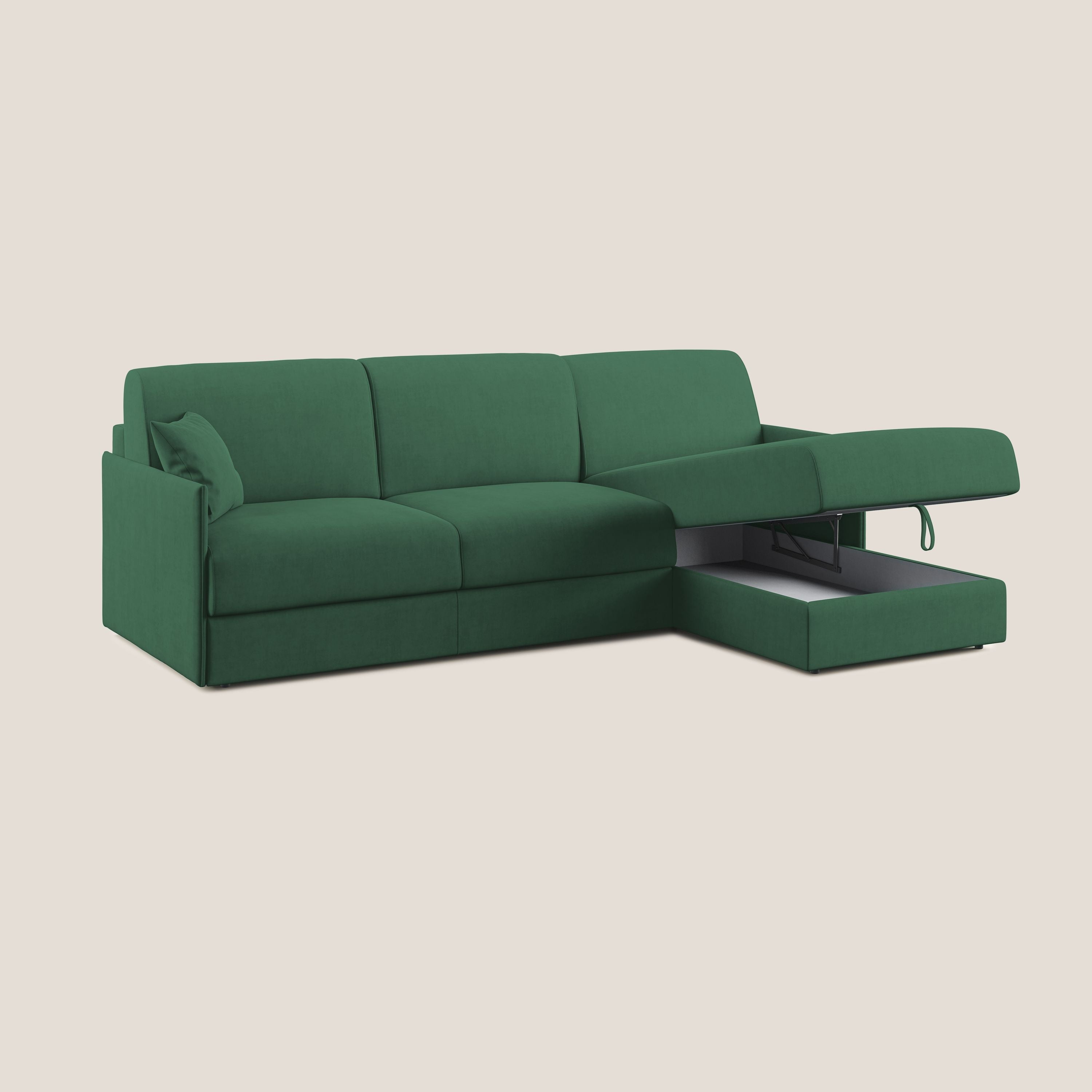 Evans Divano letto angolare con penisola in morbido tessuto impermeabile T02 verde - divani.store
