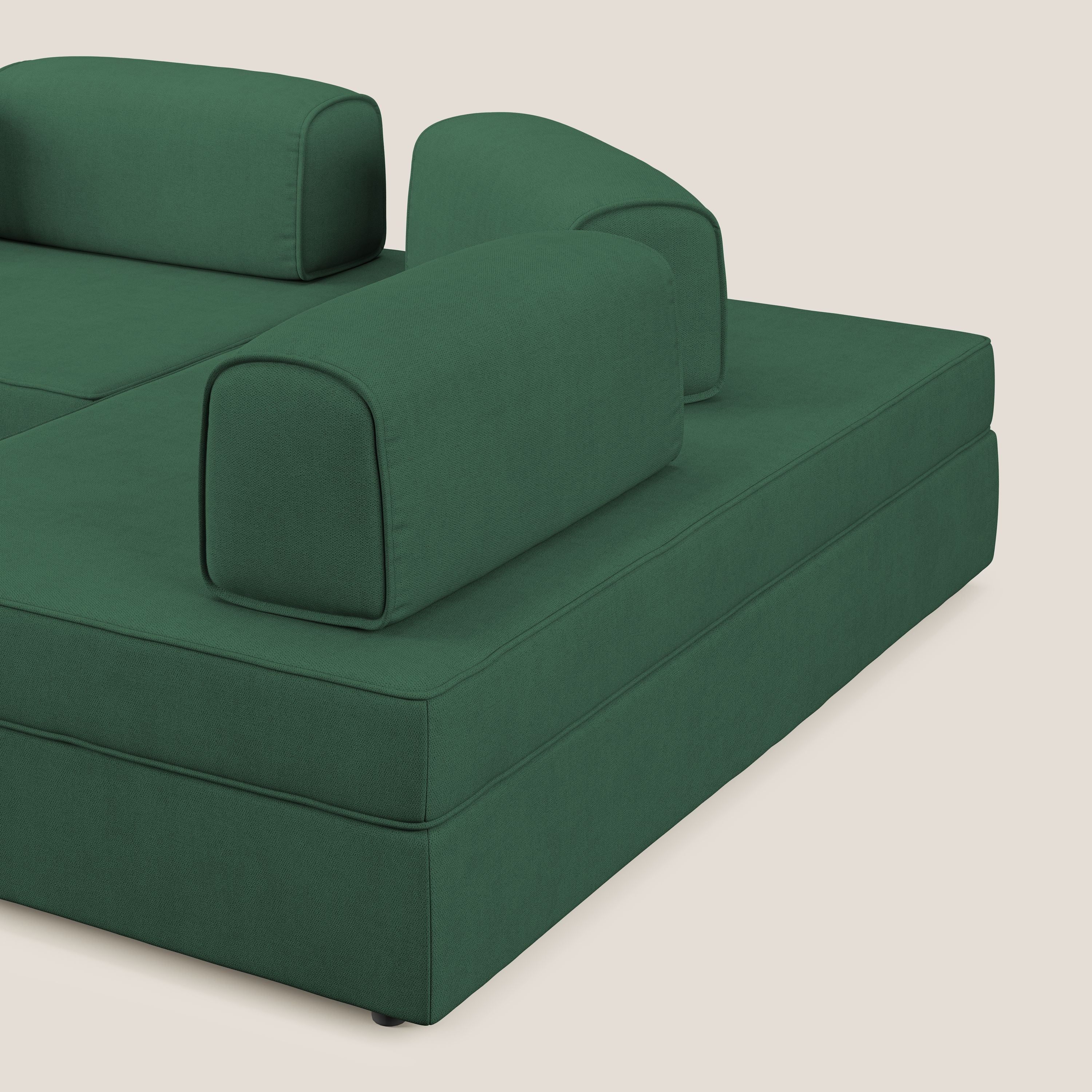 Liberty divano angolare con pouf estraibile e schienali movibili in tessuto morbido impermeabile T02 verde - divani.store