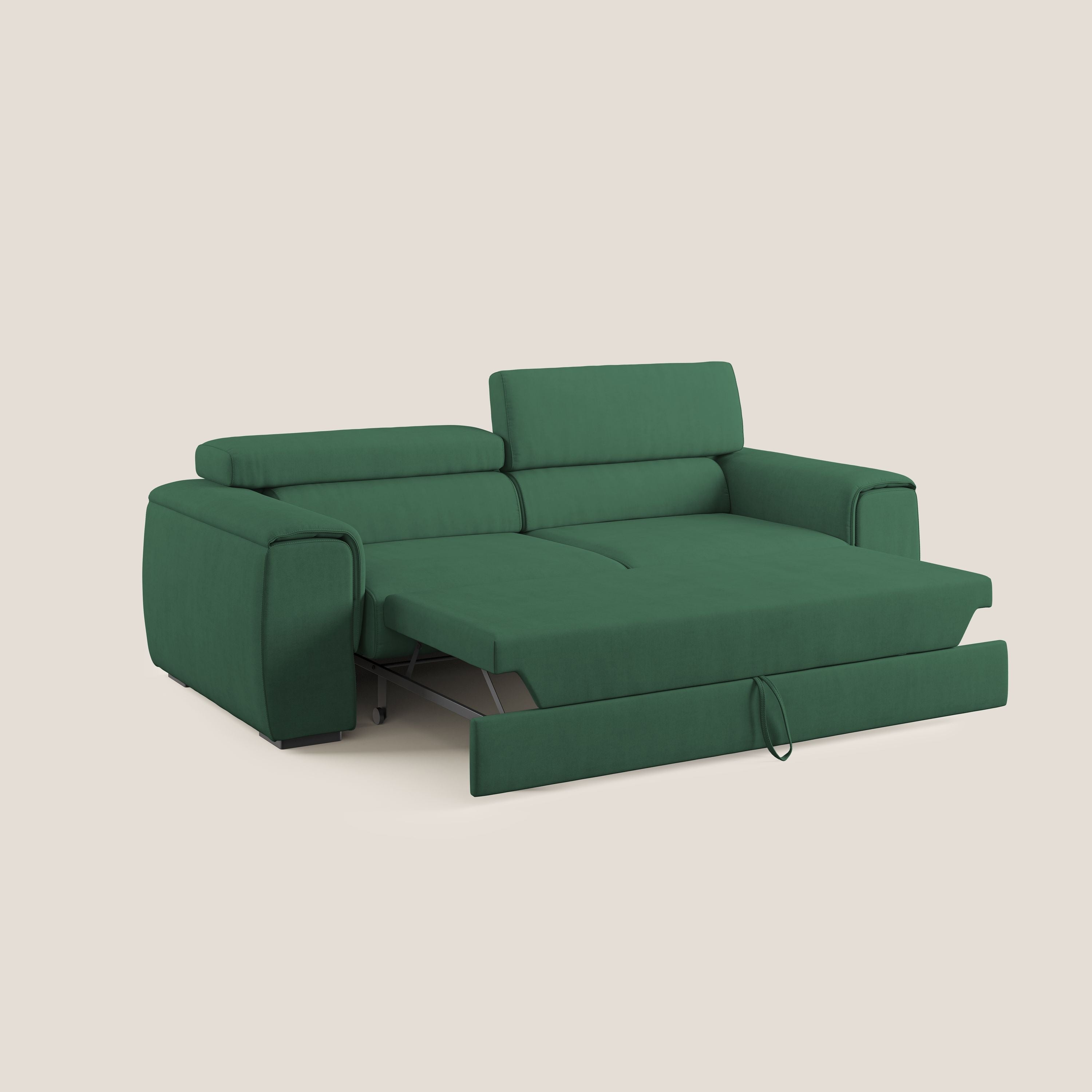 Zeno Divano con pouf estraibile poggiapiedi in tessuto morbido impermeabile T02 verde - divani.store