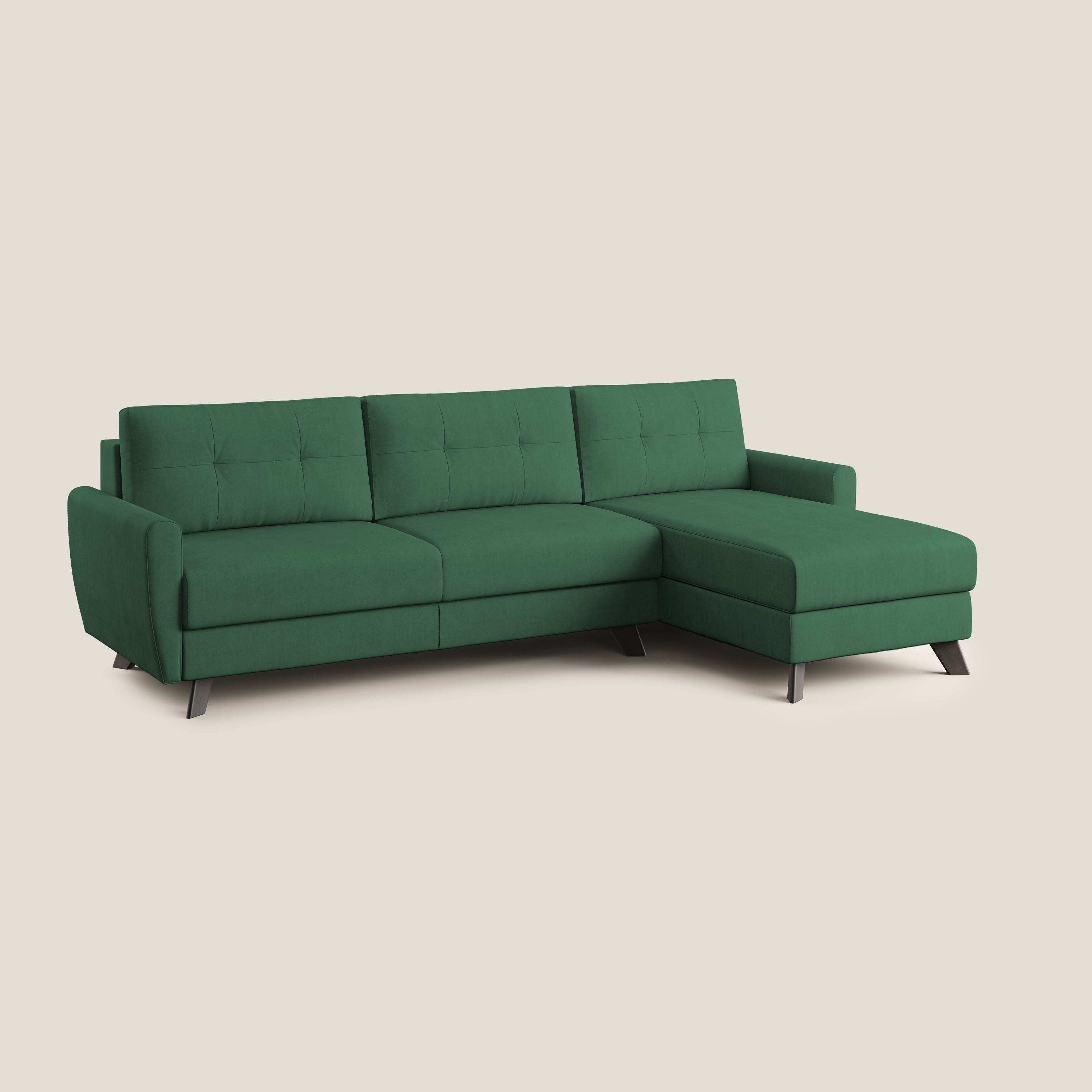 Callisto Divano letto angolare con penisola in tessuto morbido impermeabile T02 verde - divani.store