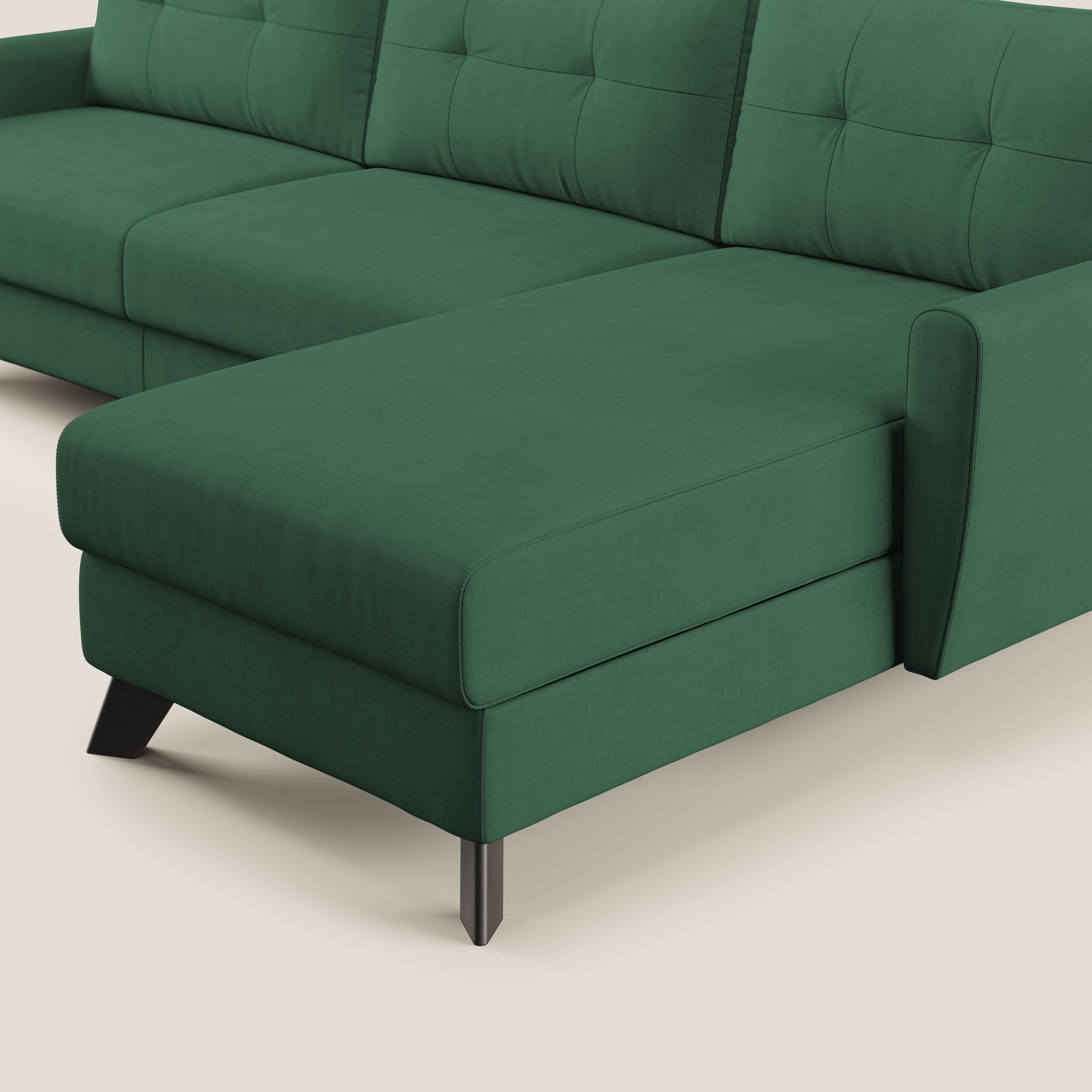 Callisto Divano letto angolare con penisola in tessuto morbido impermeabile T02 verde - divani.store