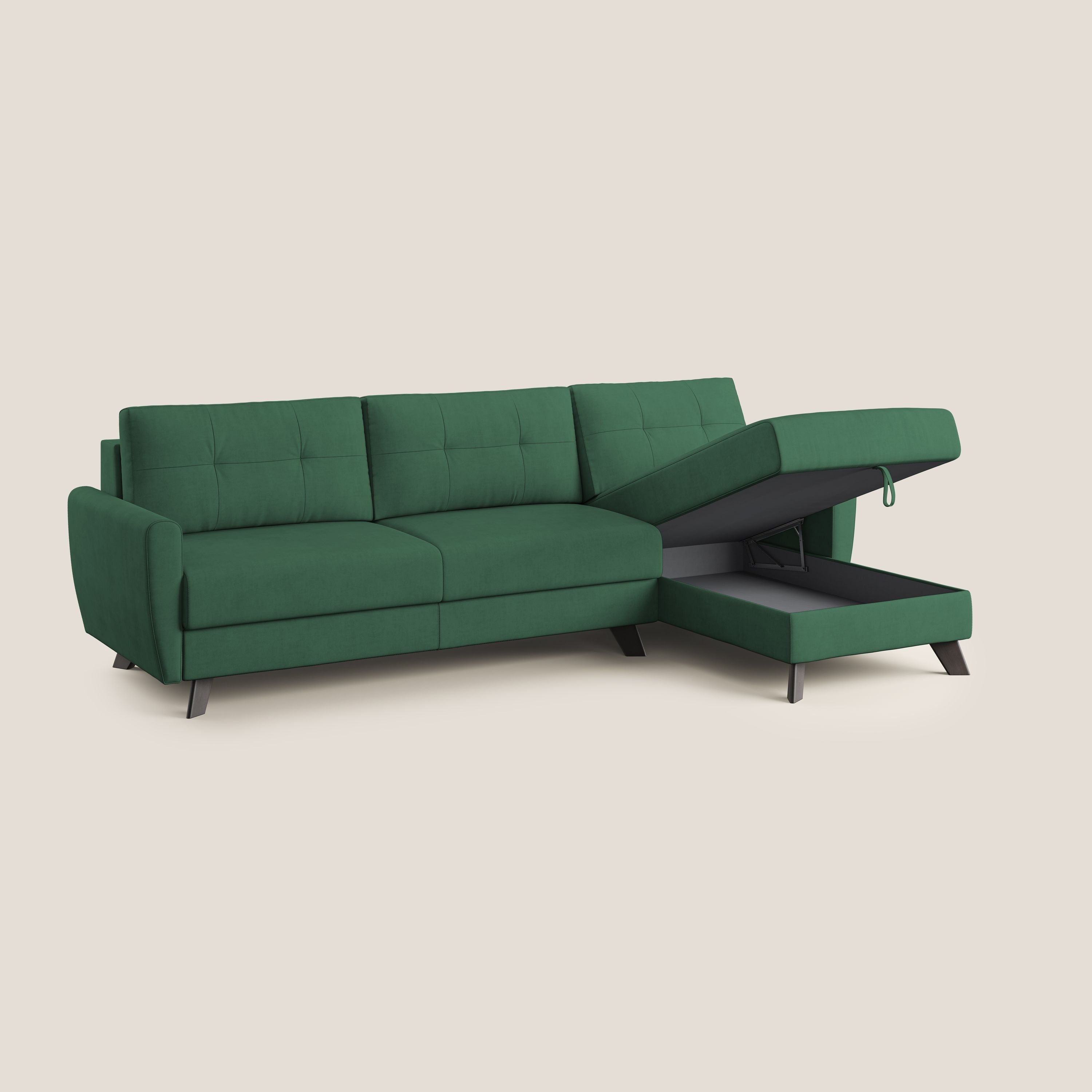 Callisto Divano letto angolare con penisola in tessuto morbido impermeabile T02 verde - divani.store