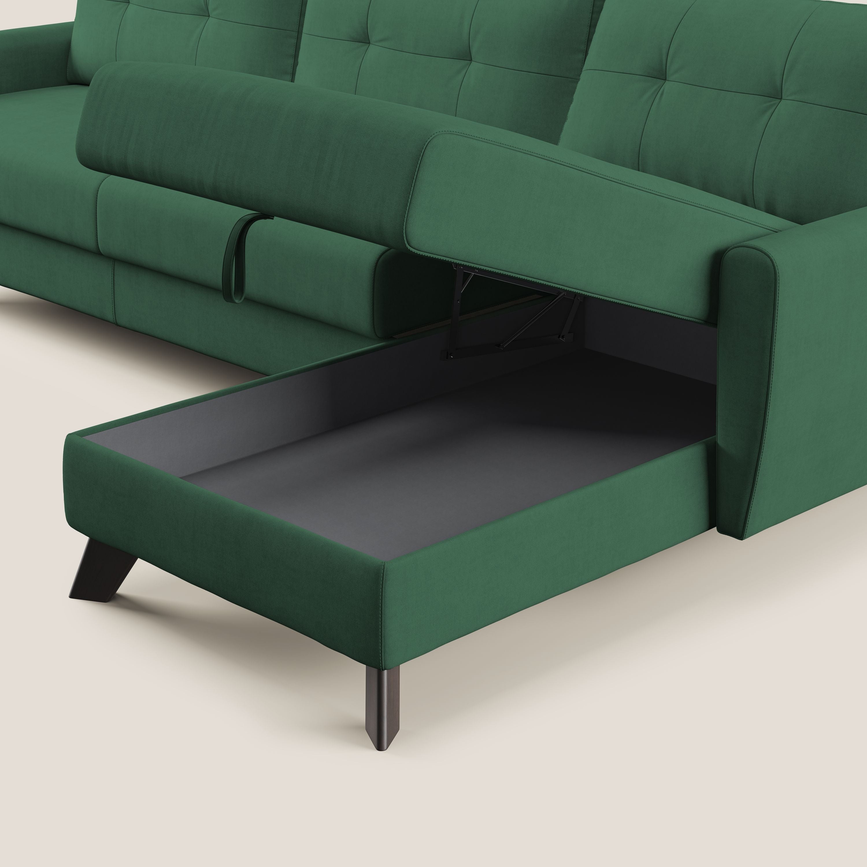 Callisto Divano letto angolare con penisola in tessuto morbido impermeabile T02 verde - divani.store