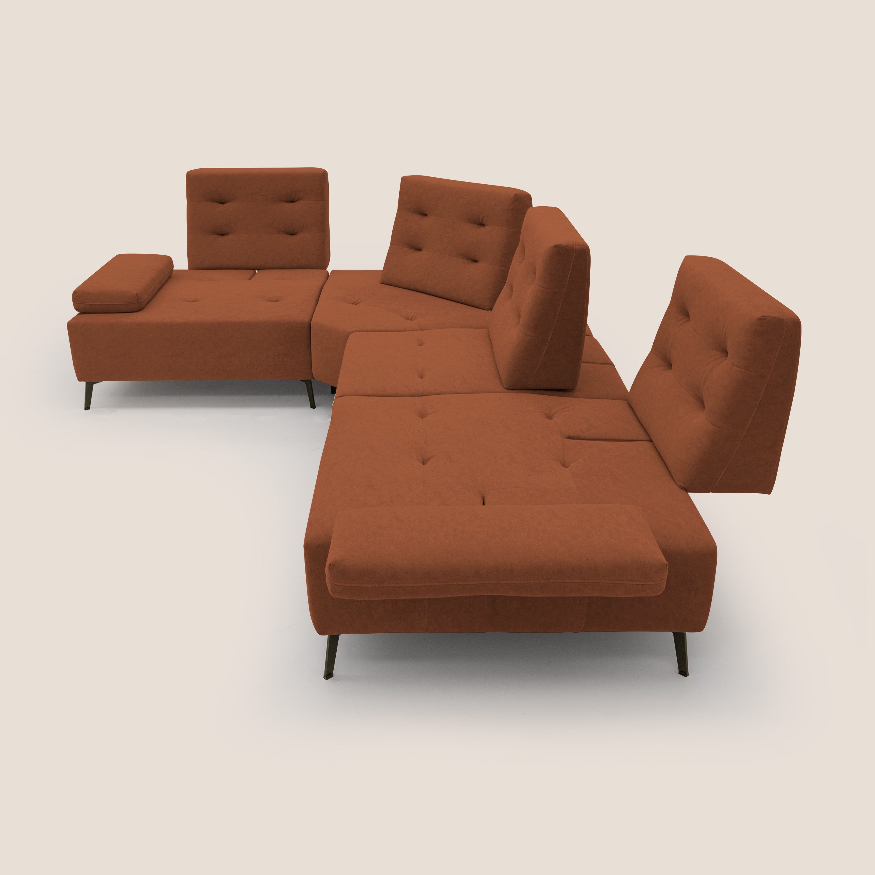 Lugano Divano angolare con schienali traslanti in microfibra effetto velluto T09 ruggine - divani.store
