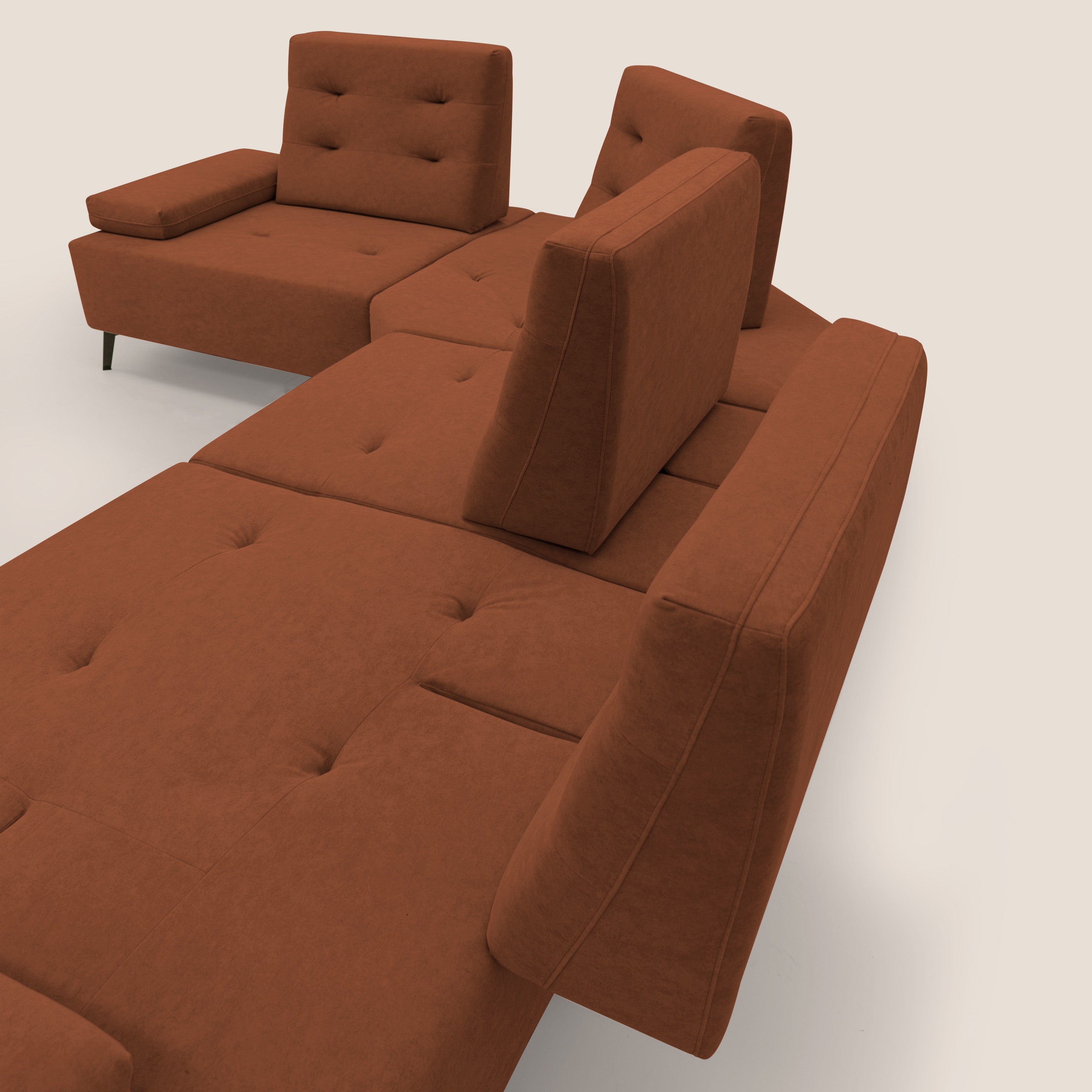 Lugano Divano angolare con schienali traslanti in microfibra effetto velluto T09 ruggine - divani.store