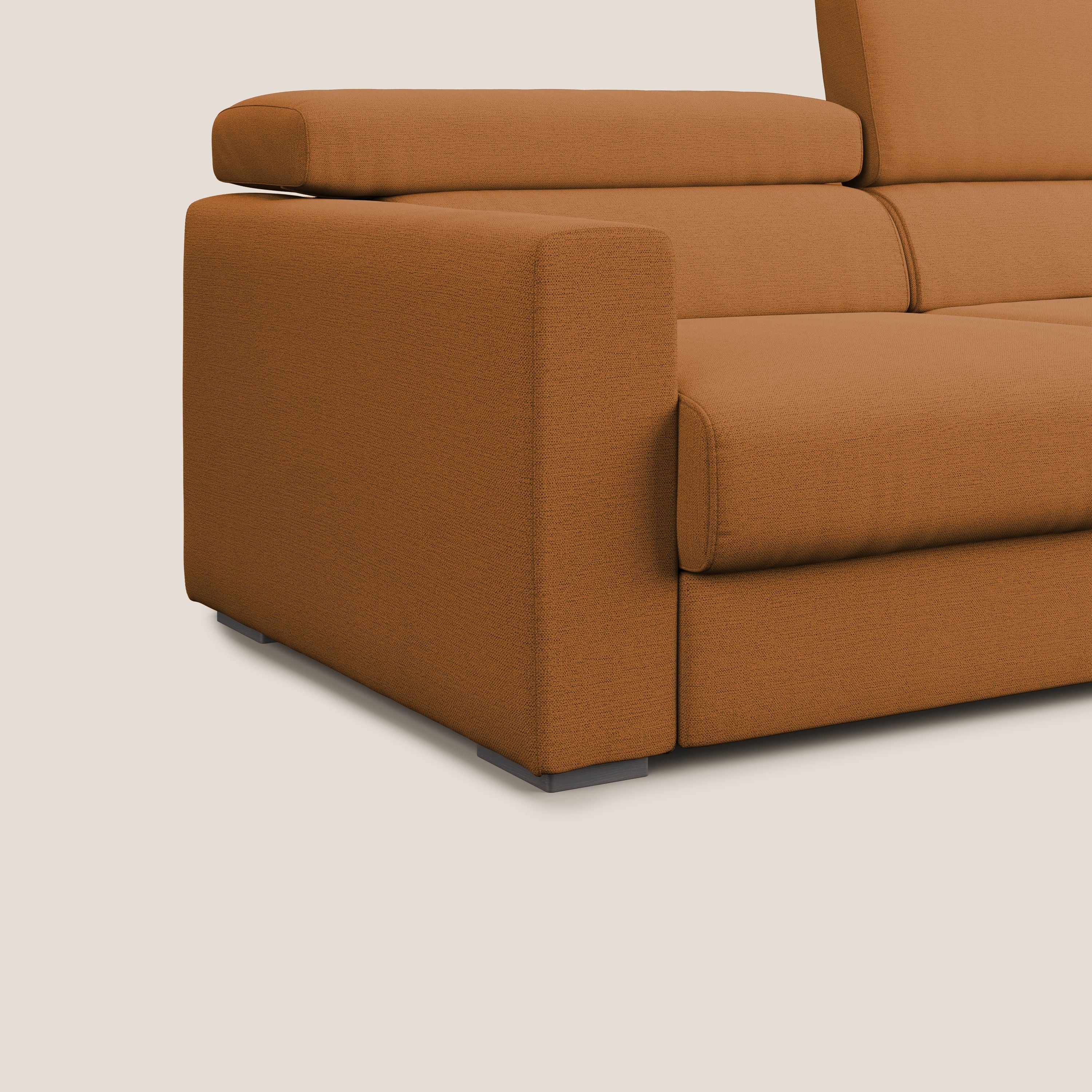 Dylan divano allungabile con pouf estraibile poggiapiedi in tessuto fiammato simil cotone impermeabile T19 arancio - divani.store