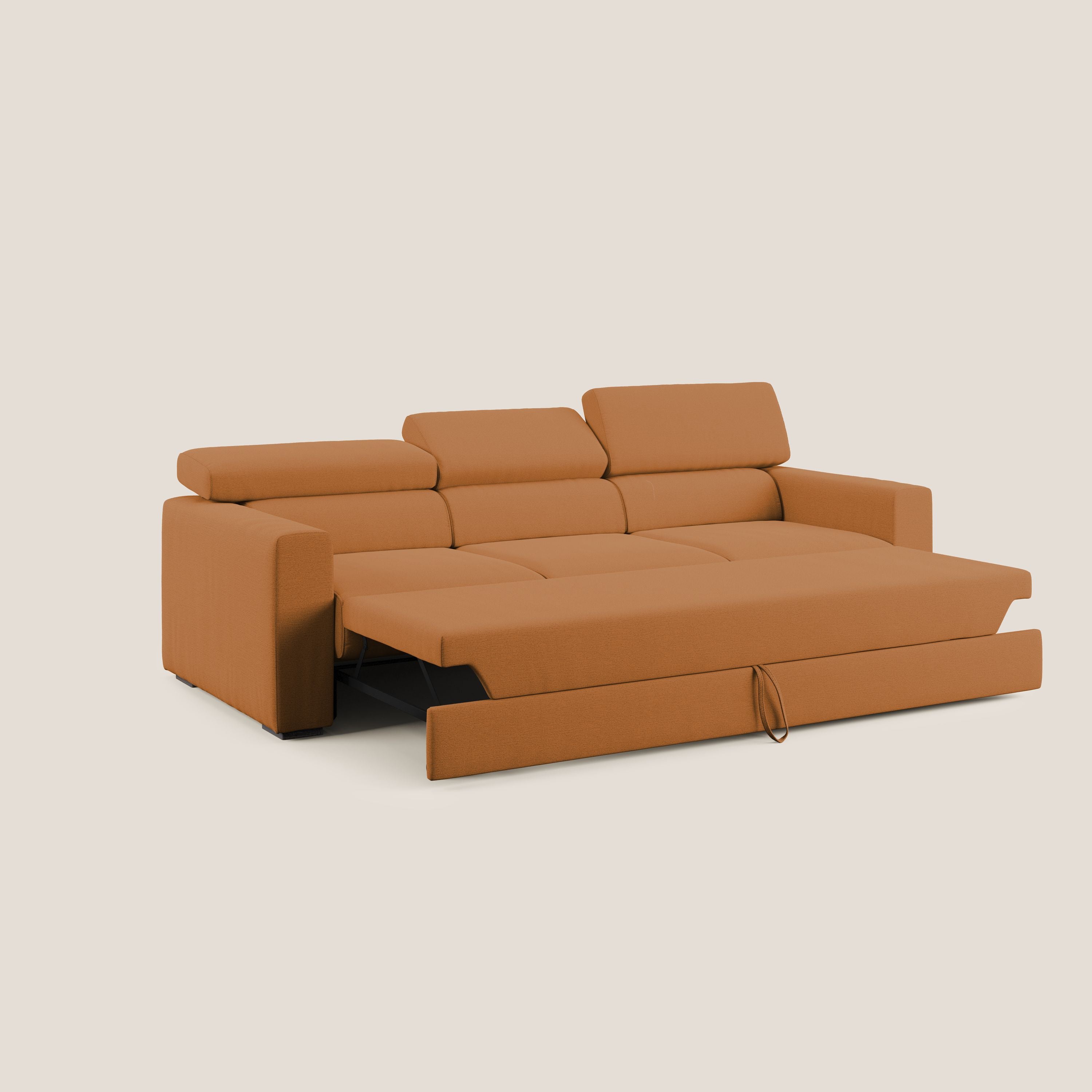 Dylan divano a 3 sedute con pouf estraibile poggiapiedi in tessuto fiammato simil cotone impermeabile T19 arancio - divani.store