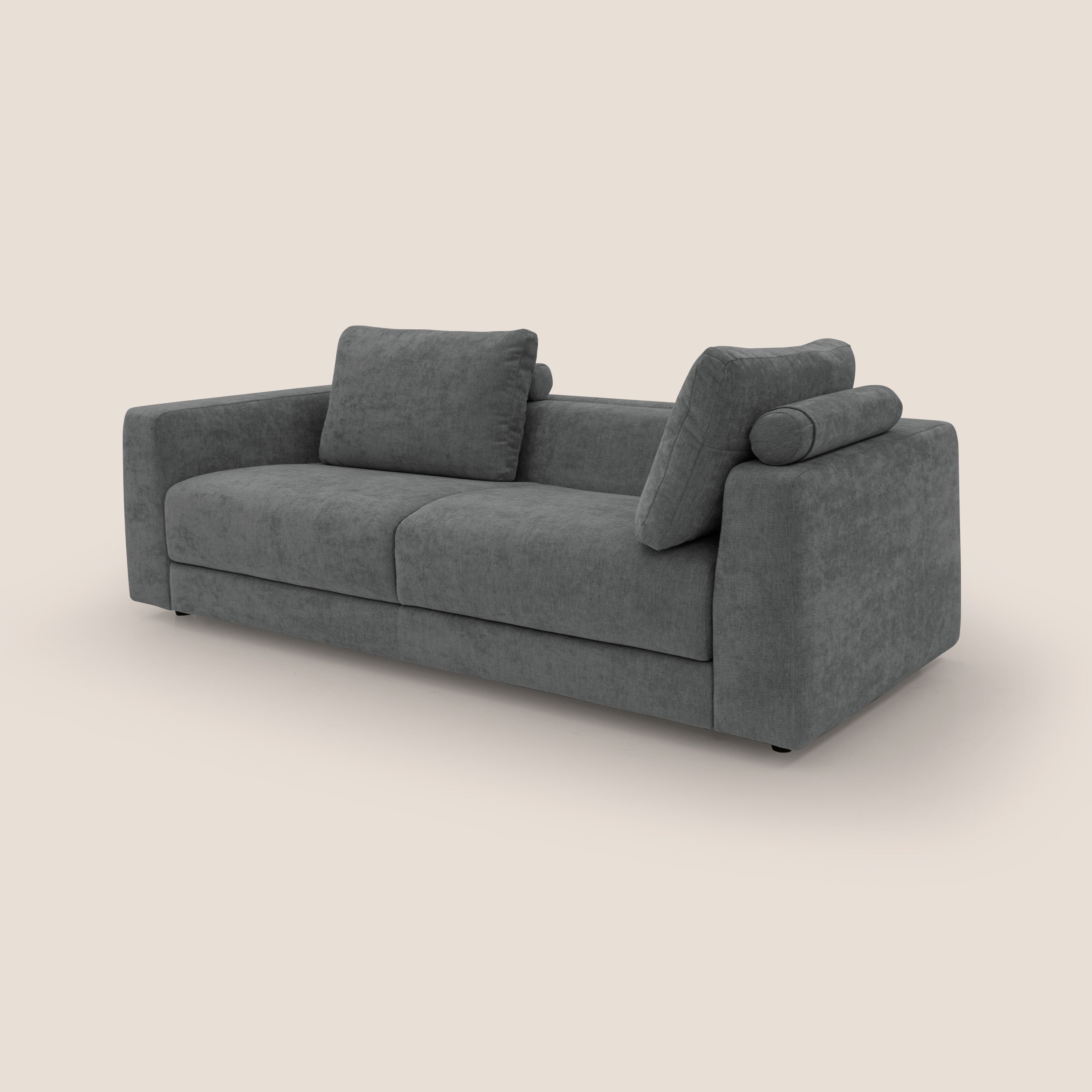 Freia Divano letto minimal materasso h15 cm con morbidi schienali in tessuto impermeabile T14 grigio - divani.store