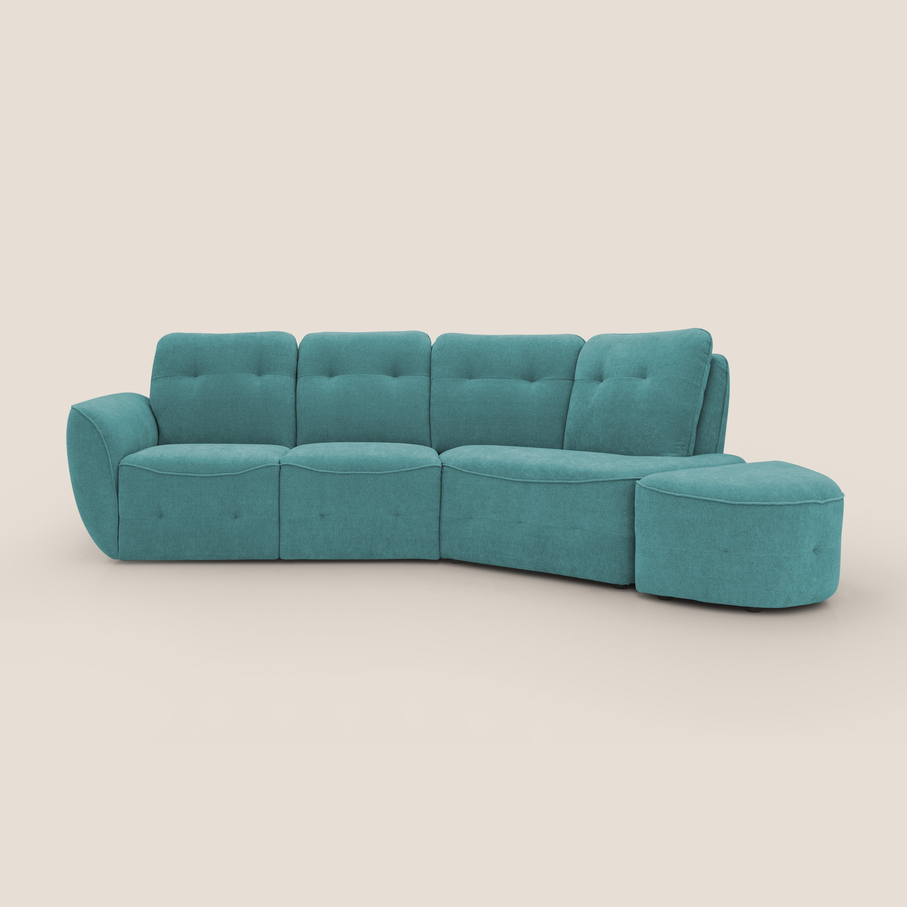Cerbero divano angolare con pouf mobile in morbido bouclé impermeabile T07 azzurro - divani.store