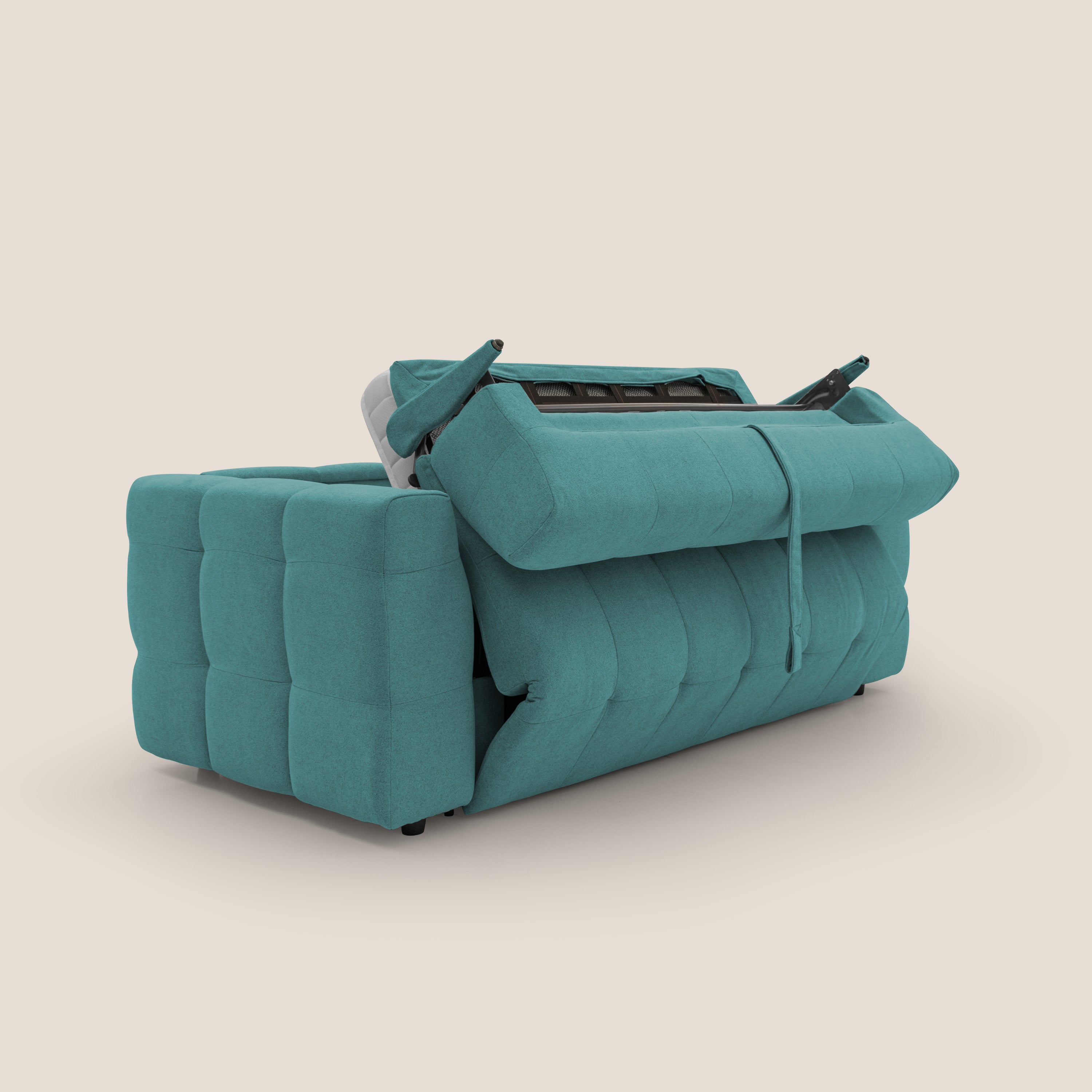 Tender Divano letto matrimoniale dal design innovativo in tessuto bouclet impermeabile T07 azzurro - divani.store