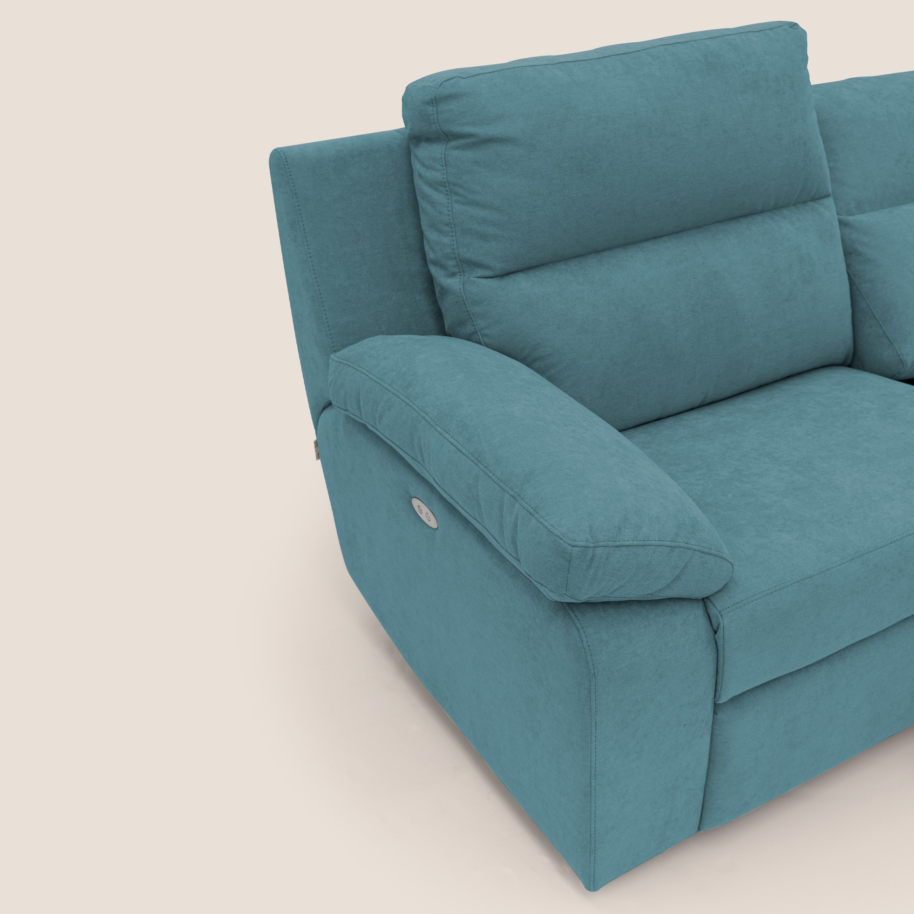 Romeo Divano relax con recliner elettrico in morbido tessuto impermeabile T02 azzurro - divani.store