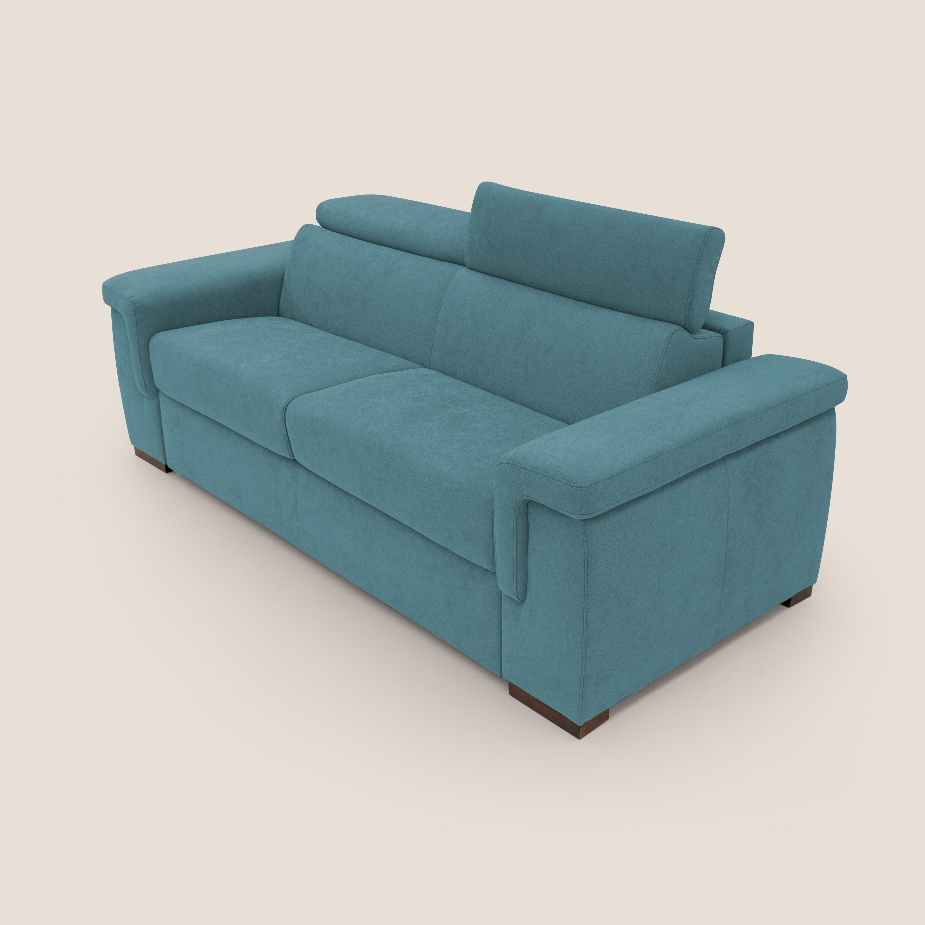 Giunone divano letto con materasso alto 18 cm e poggiatesta reclinabili in tessuto impermeabile T02 azzurro - divani.store