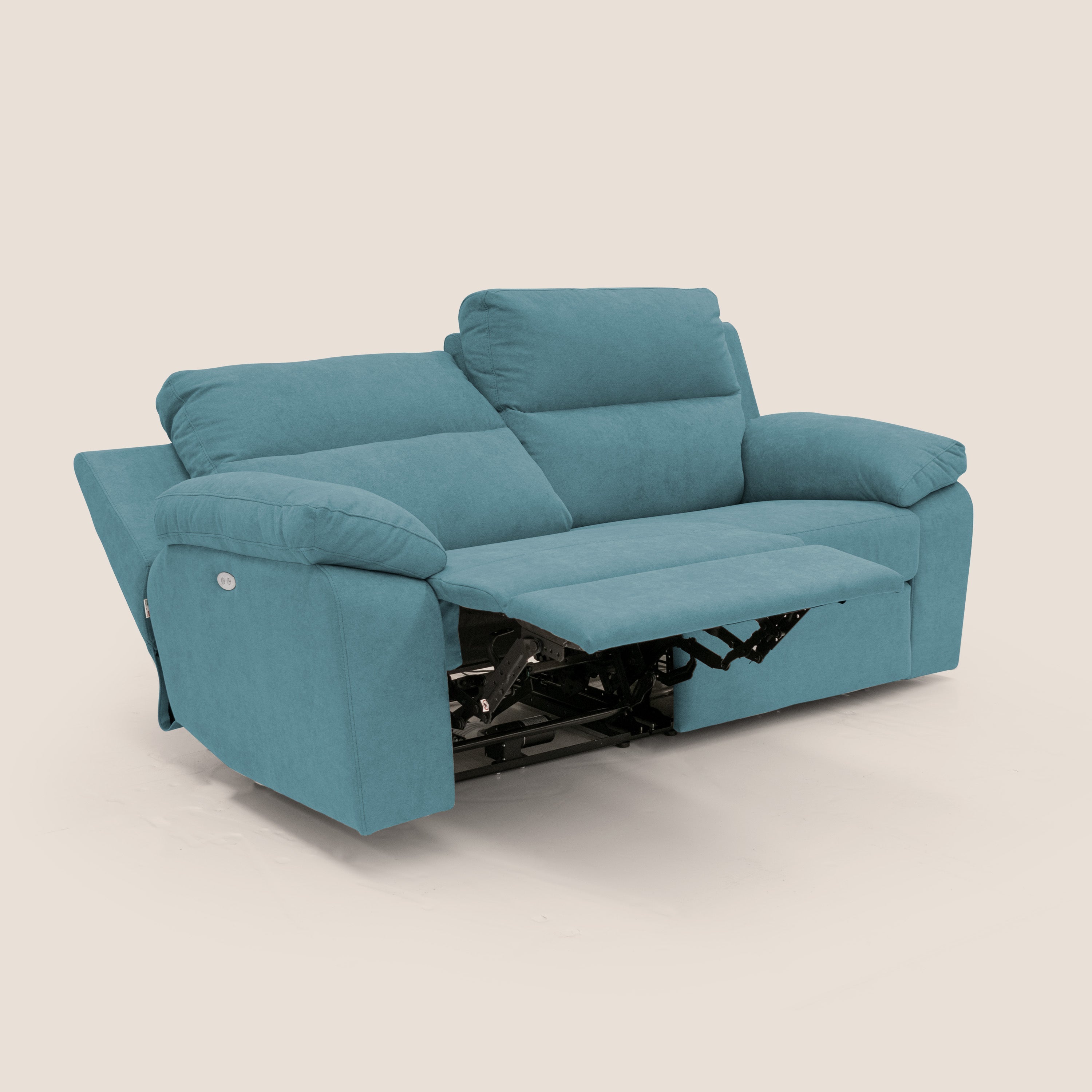 Romeo Divano relax con recliner elettrico in morbido tessuto impermeabile T02 azzurro - divani.store