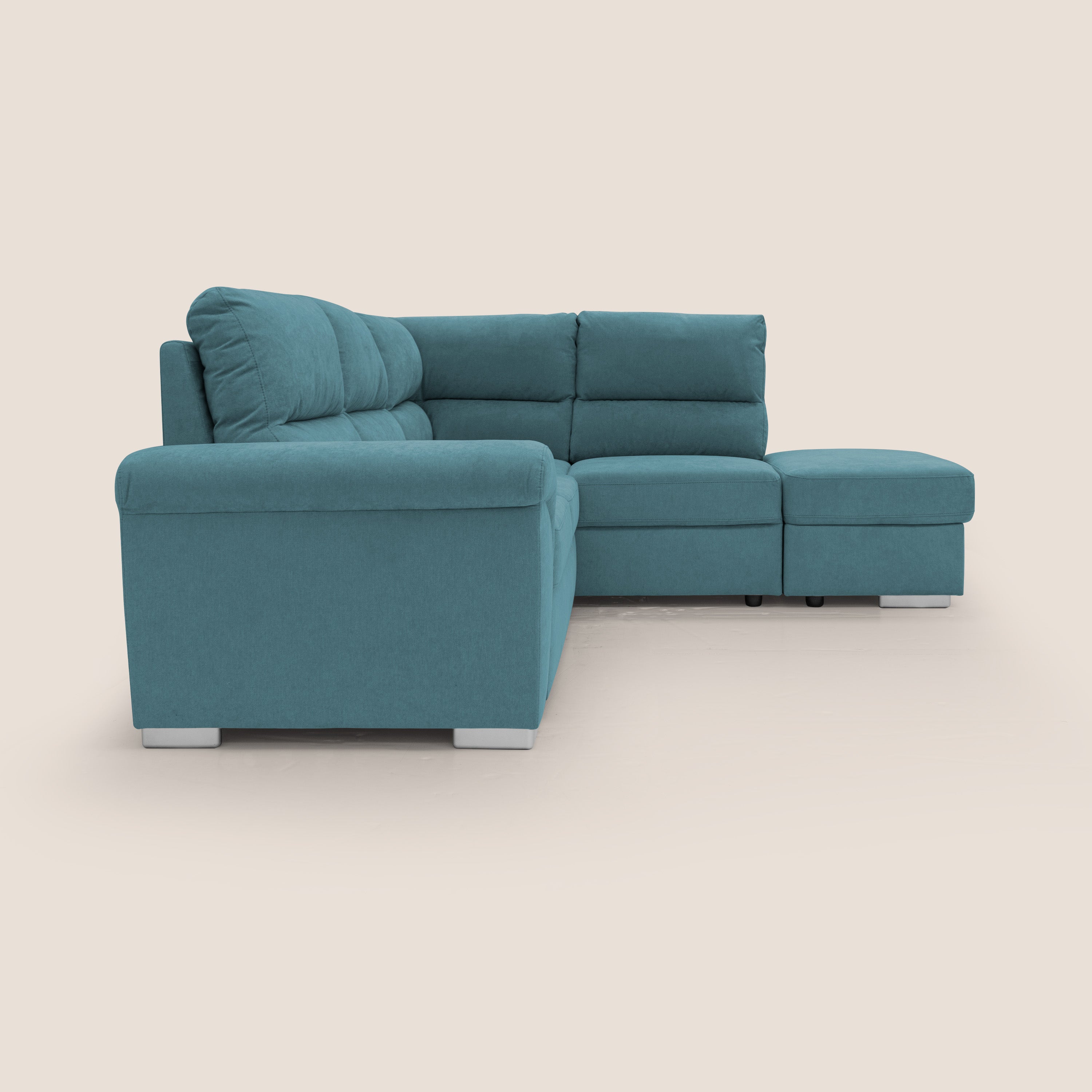 Minerva divano angolare con estraibile a cassettone e pouf contenitore in tessuto morbido impermeabile T02 azzurro - divani.store