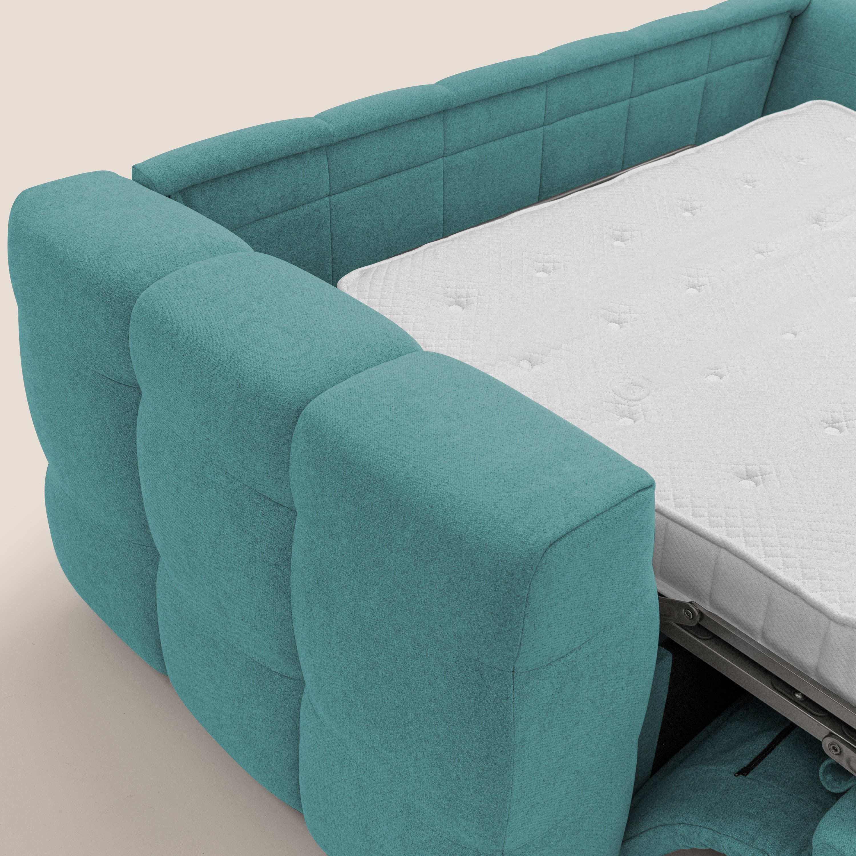 Tender Divano letto matrimoniale dal design innovativo in tessuto bouclet impermeabile T07 azzurro - divani.store