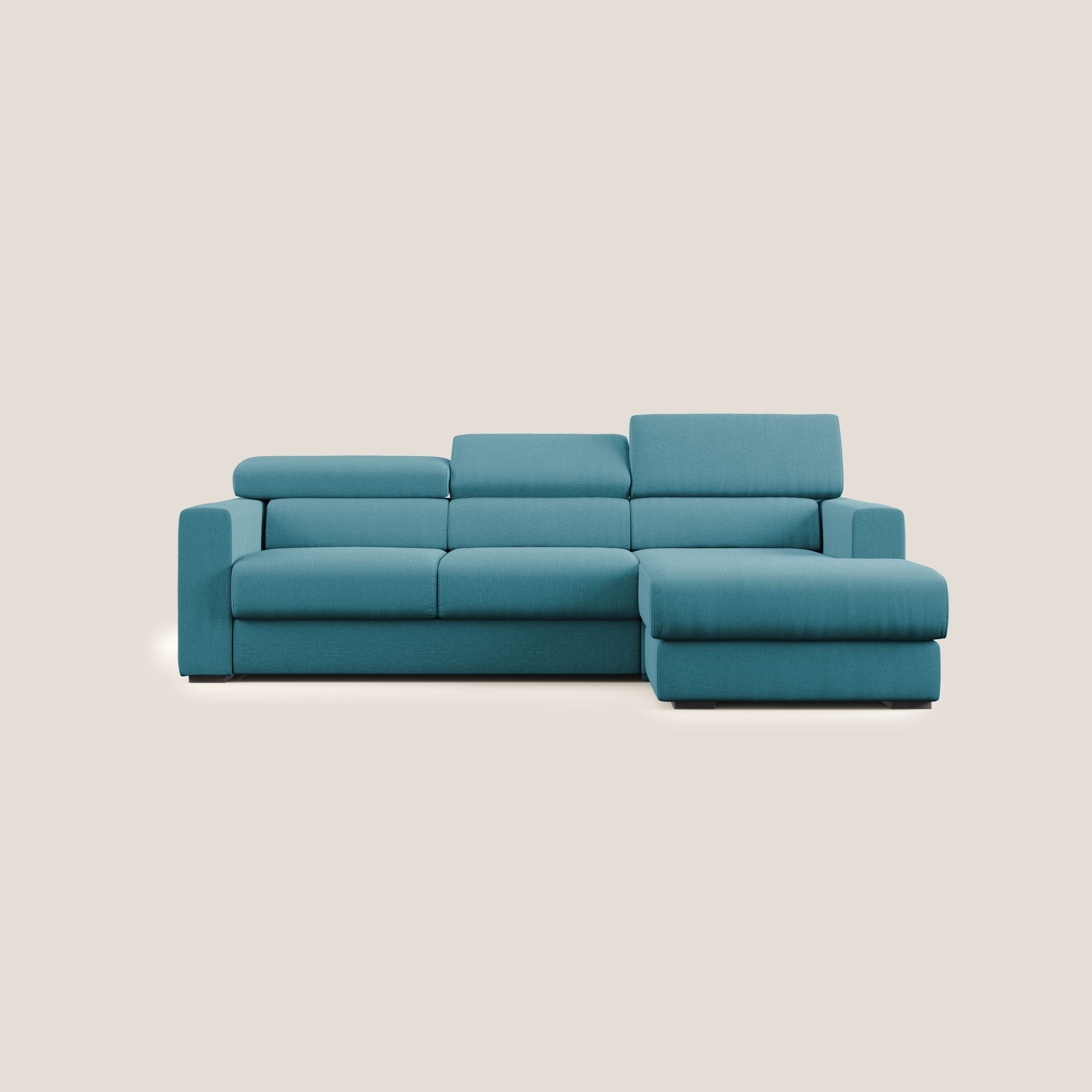 Dylan divano angolare con pouf estraibile poggiapiedi in tessuto simil cotone impermeabile T13 azzurro - divani.store