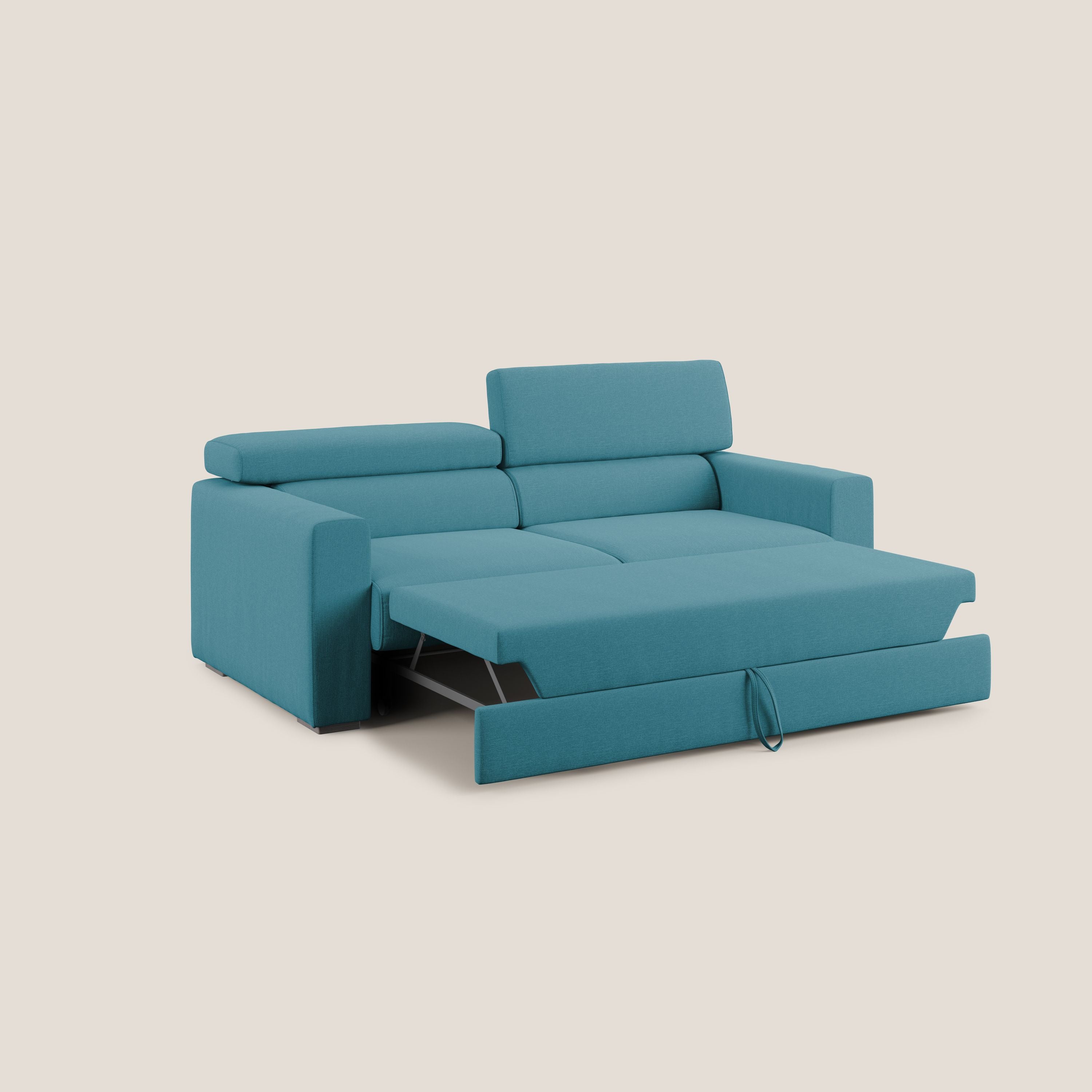 Dylan divano allungabile con pouf estraibile poggiapiedi in tessuto simil cotone impermeabile T13 azzurro - divani.store