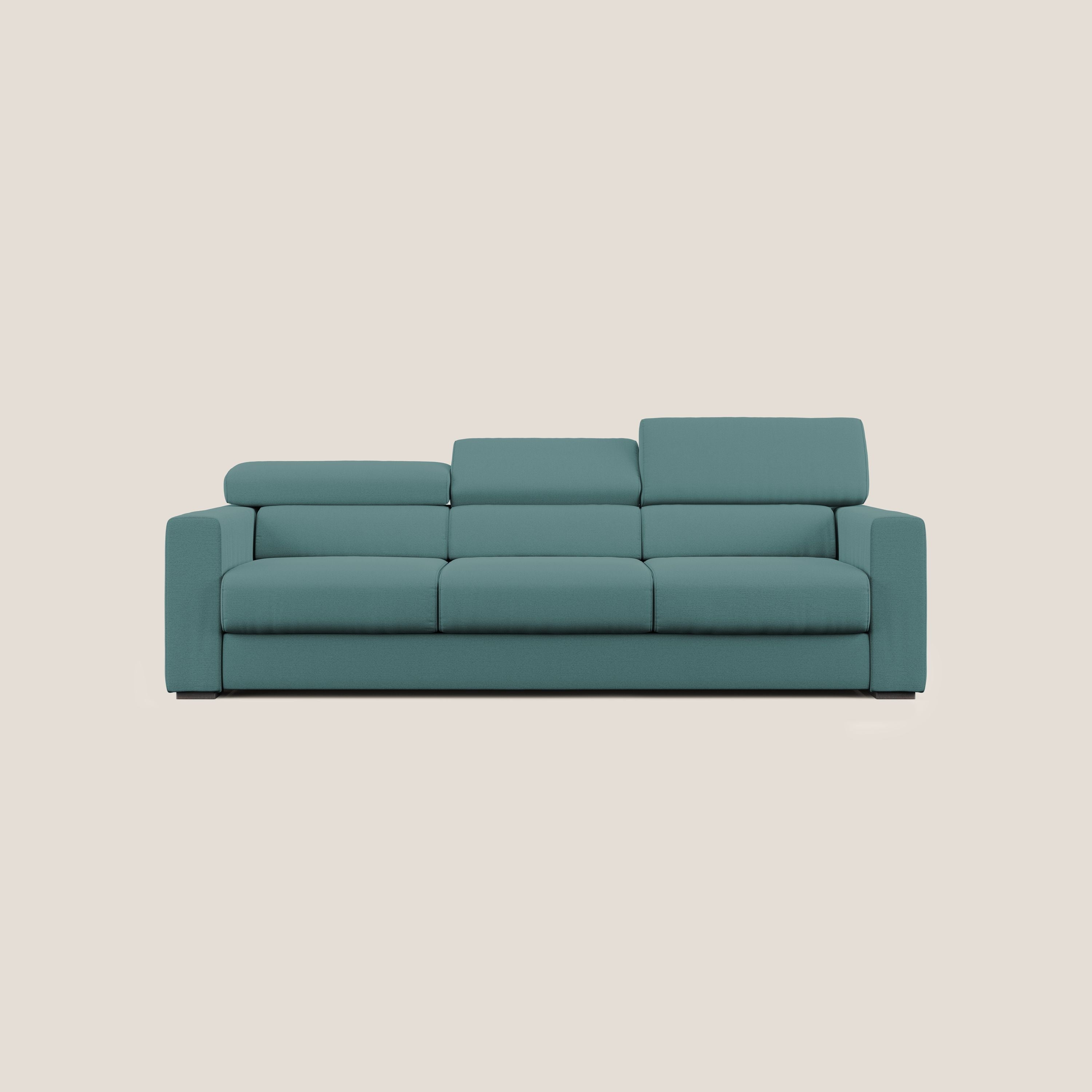 Dylan divano a 3 sedute con pouf estraibile poggiapiedi in tessuto fiammato simil cotone impermeabile T19 petrolio - divani.store