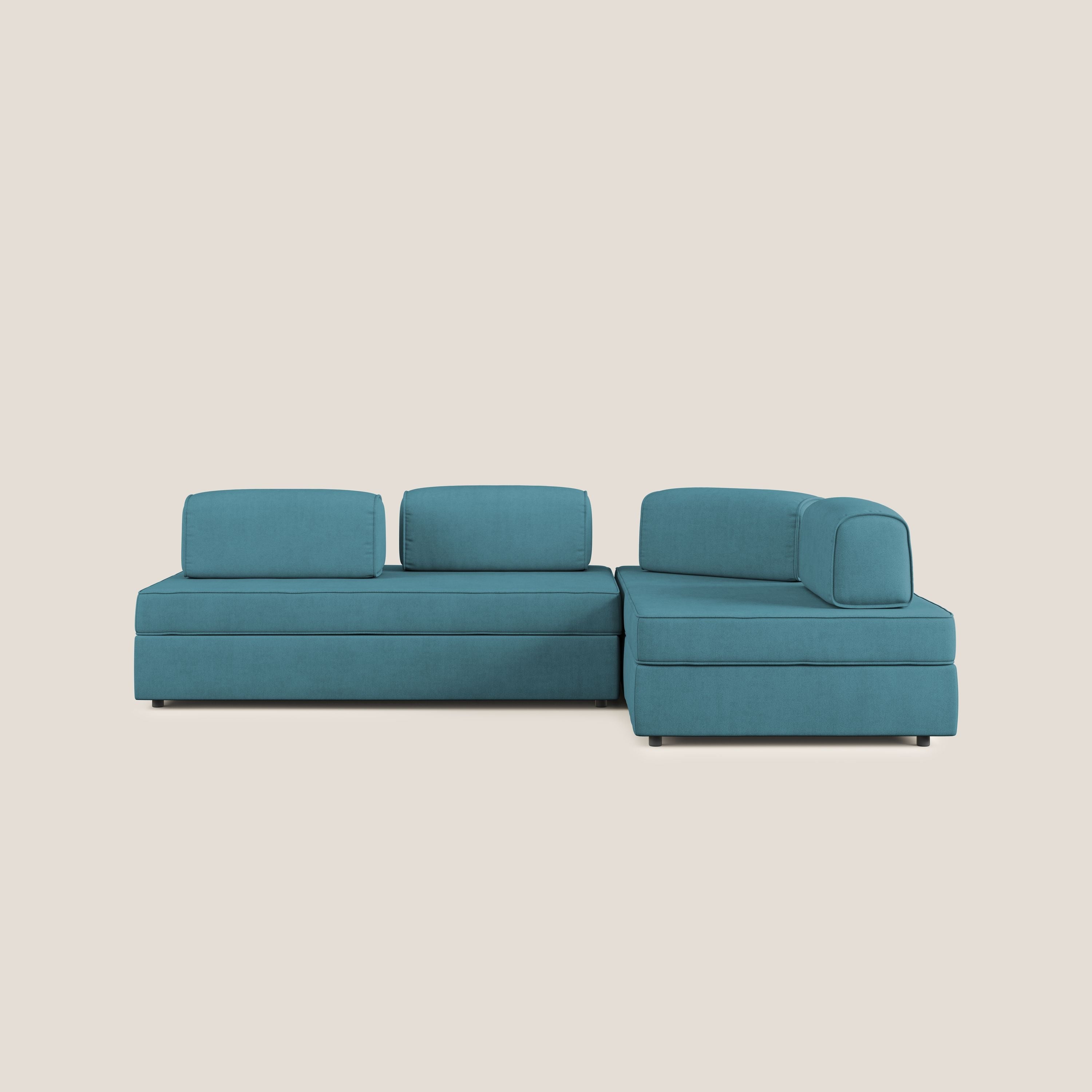 Liberty divano angolare con pouf estraibile e schienali movibili in tessuto morbido impermeabile T02 azzurro - divani.store