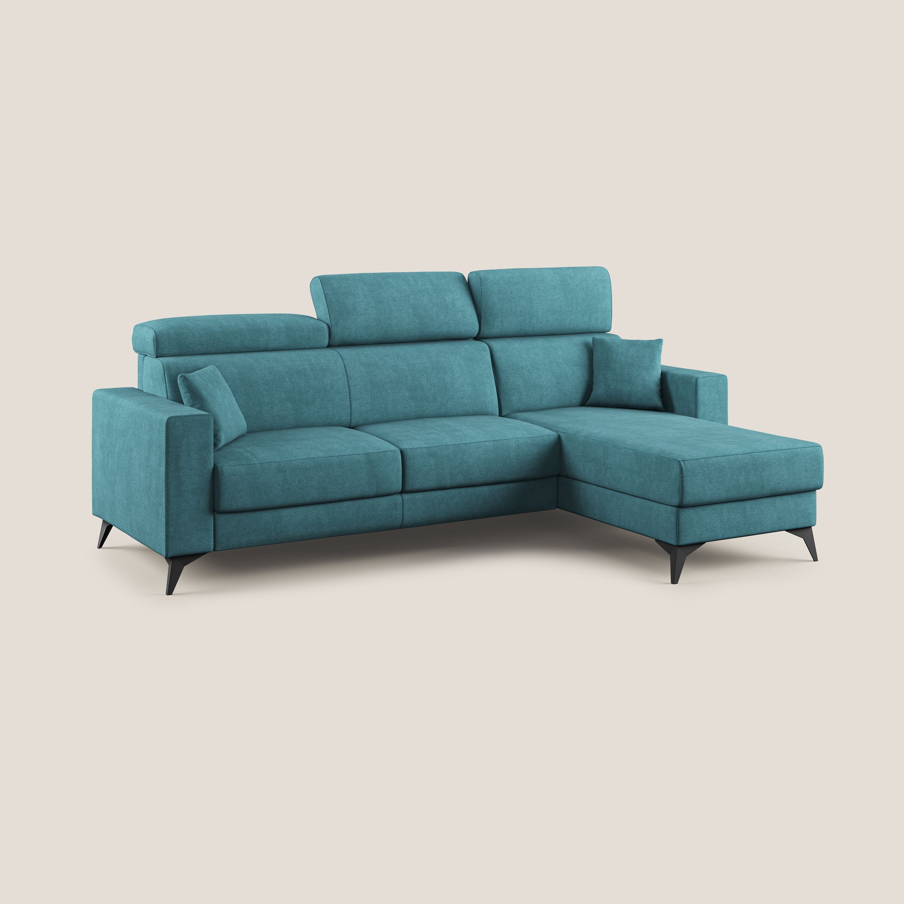 Pegaso divano letto angolare con poggiatesta reclinabili e rivestimento impermeabile T02 azzurro - divani.store