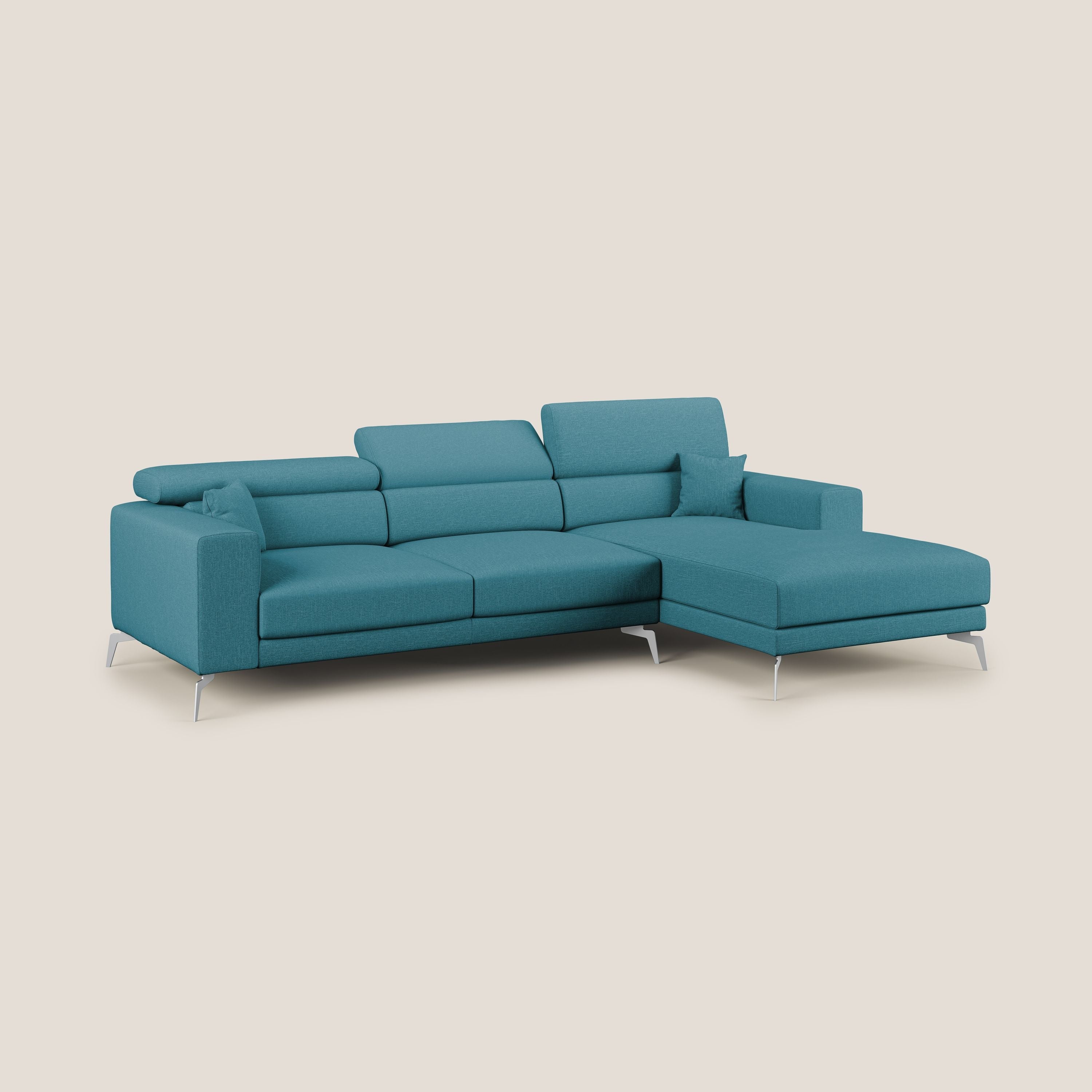 Blade Divano moderno angolare con poggiatesta reclinabili in tessuto impermeabile simil-cotone T13 azzurro - divani.store