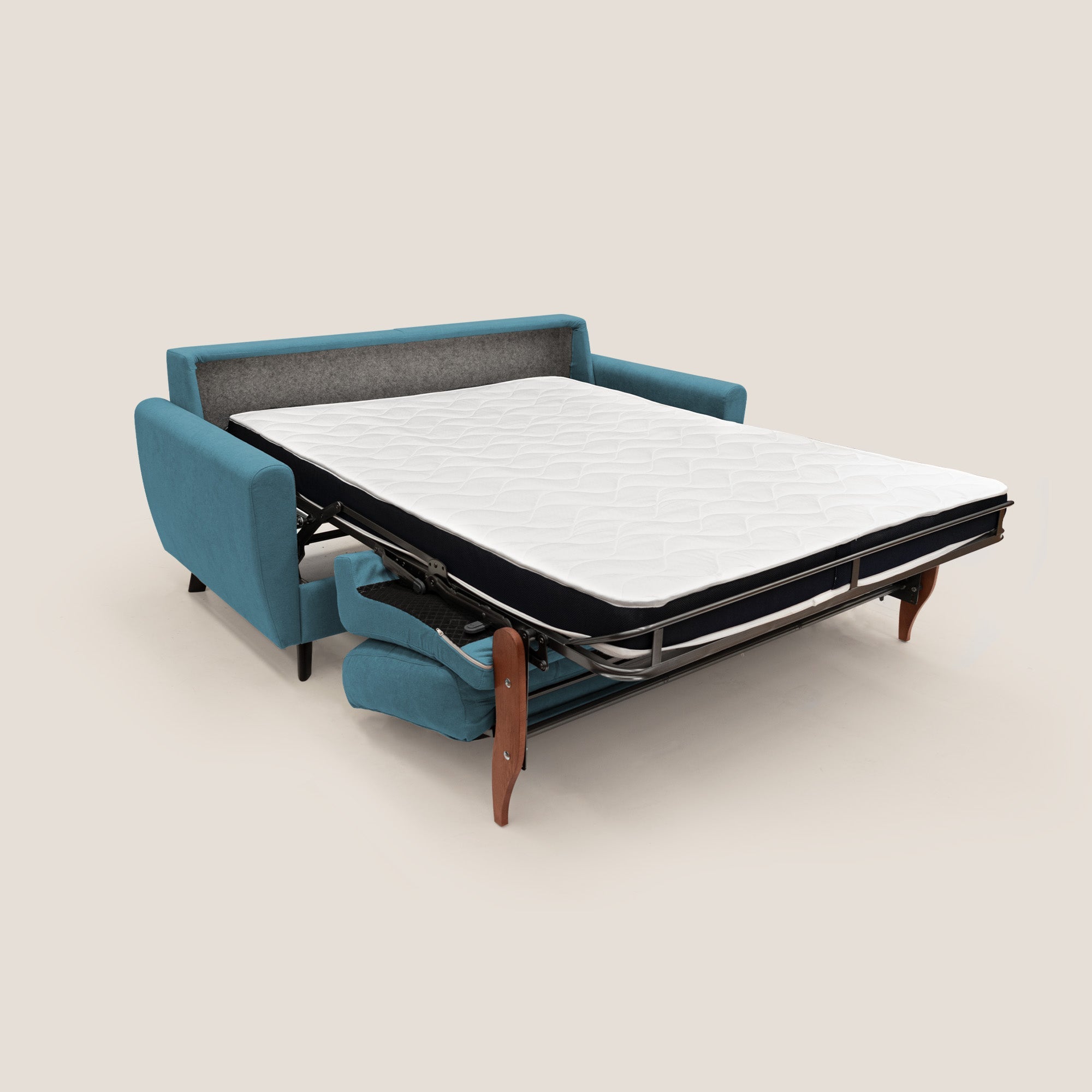 Callisto Divano letto matrimoniale in tessuto morbido impermeabile T02 azzurro - divani.store